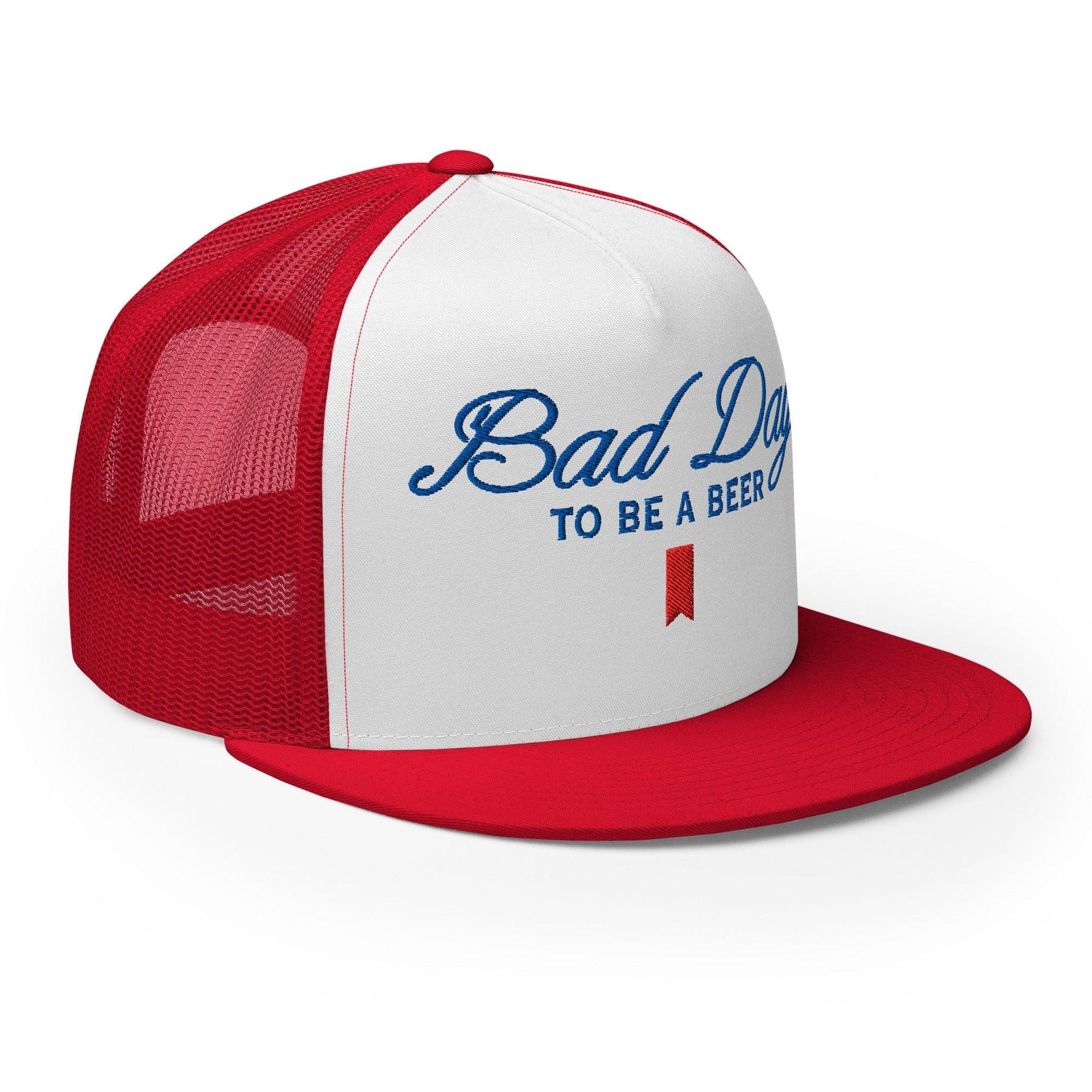 Premium Bad Day to be a Beer Embroidered Flat Bill Brim Mesh Trucker Hat | Custom Embroidery Available - Fast Turnaround Capital Crowns Funny Trucker Hats