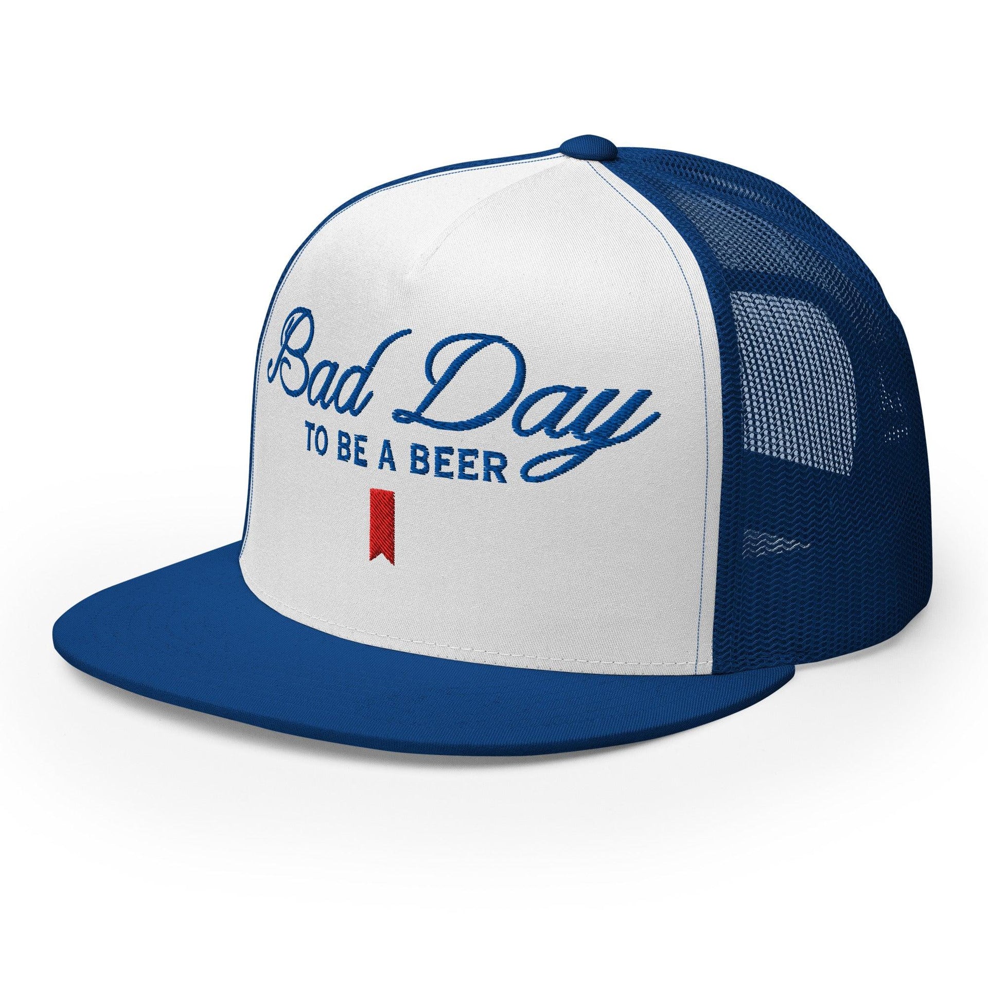 Premium Bad Day to be a Beer Embroidered Flat Bill Brim Mesh Trucker Hat | Custom Embroidery Available - Fast Turnaround Capital Crowns Funny Trucker Hats