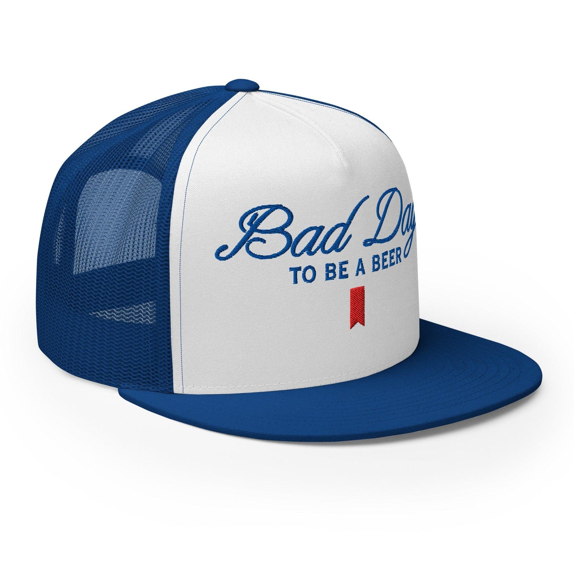 Premium Bad Day to be a Beer Embroidered Flat Bill Brim Mesh Trucker Hat | Custom Embroidery Available - Fast Turnaround Capital Crowns Funny Trucker Hats