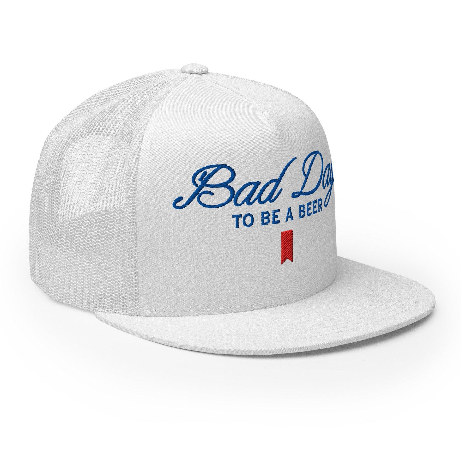 Premium Bad Day to be a Beer Embroidered Flat Bill Brim Mesh Trucker Hat | Custom Embroidery Available - Fast Turnaround Capital Crowns Funny Trucker Hats
