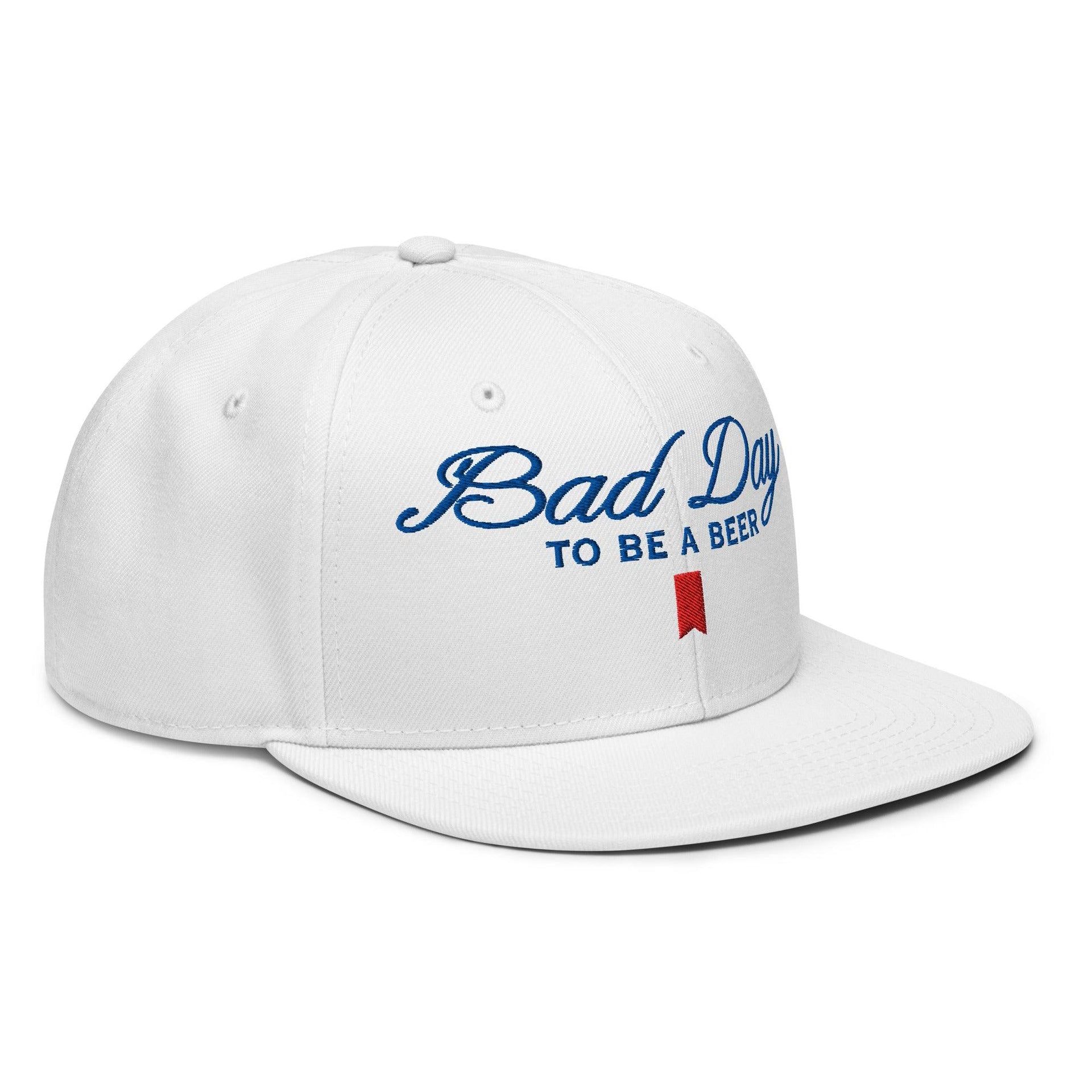 Bad Day to be a Beer Embroidered Flat Bill Brim Snapback Hat - Toronto Embroidery baseball cap bulk orders capital crowns custom caps custom decoration custom embroidery embroidered hats embroidery service fast turnaround funny headwear professional embroidery snapback hats toronto embroidery trucker hat