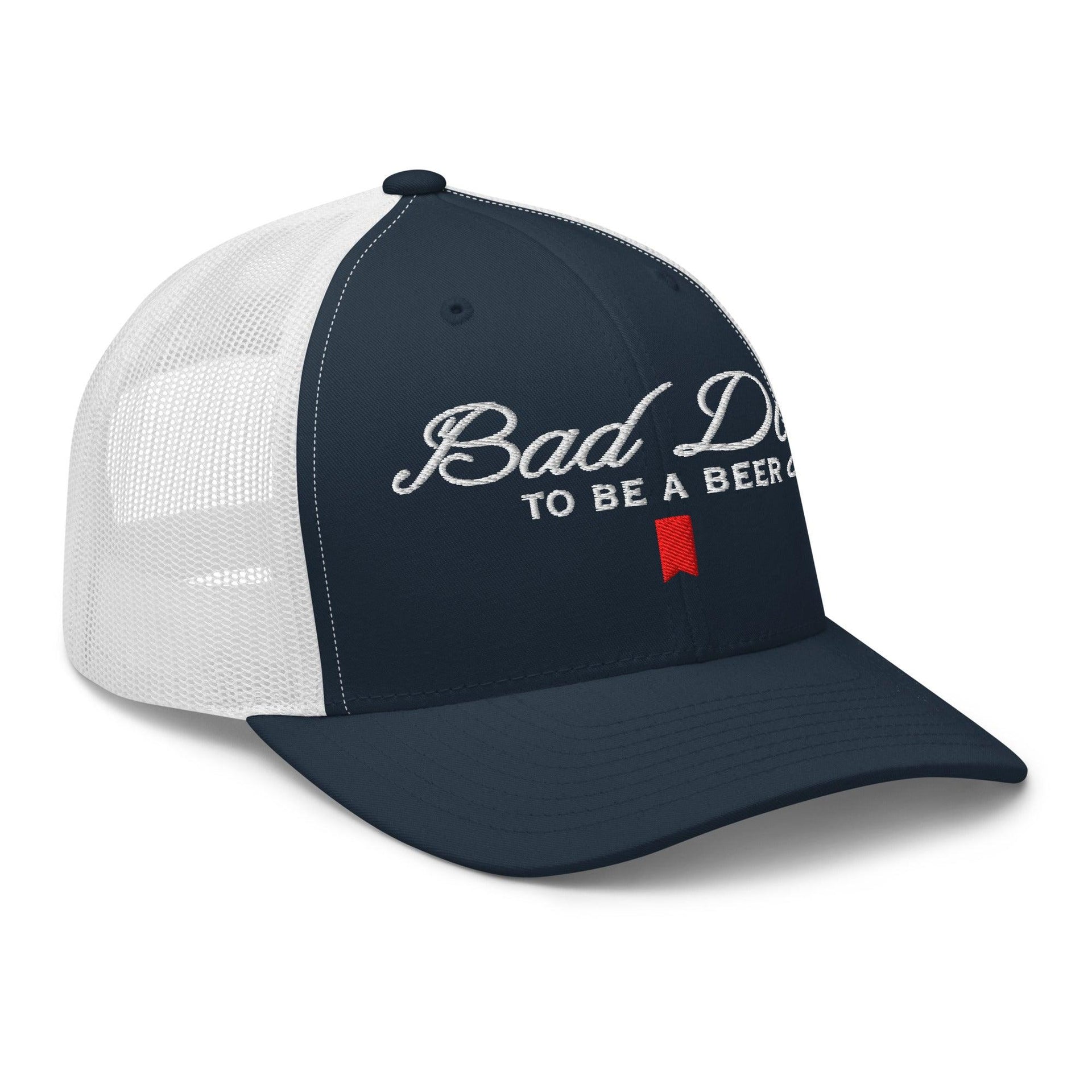 Bad Day to be a Beer Embroidered Mesh Trucker Hat Blue - Toronto Embroidery baseball cap bulk orders capital crowns custom caps custom decoration custom embroidery embroidered hats embroidery service fast turnaround funny headwear professional embroidery toronto embroidery trucker hat trucker hats