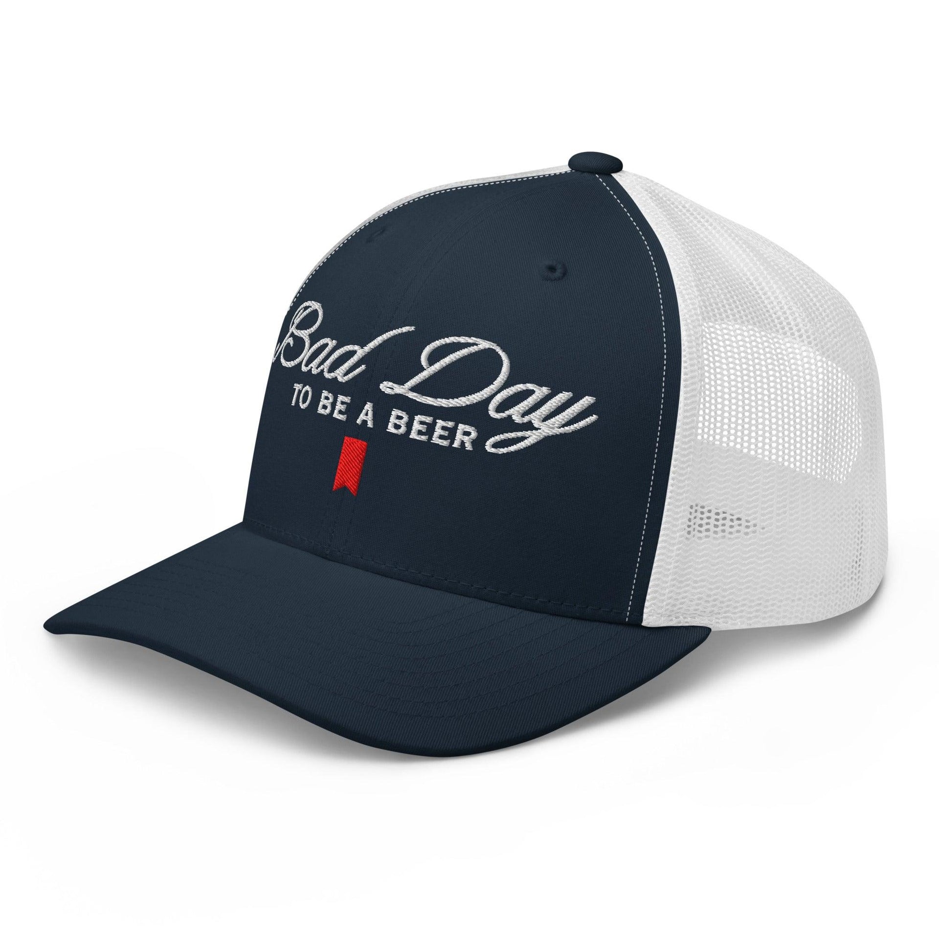 Bad Day to be a Beer Embroidered Mesh Trucker Hat Blue - Toronto Embroidery baseball cap bulk orders capital crowns custom caps custom decoration custom embroidery embroidered hats embroidery service fast turnaround funny headwear professional embroidery toronto embroidery trucker hat trucker hats