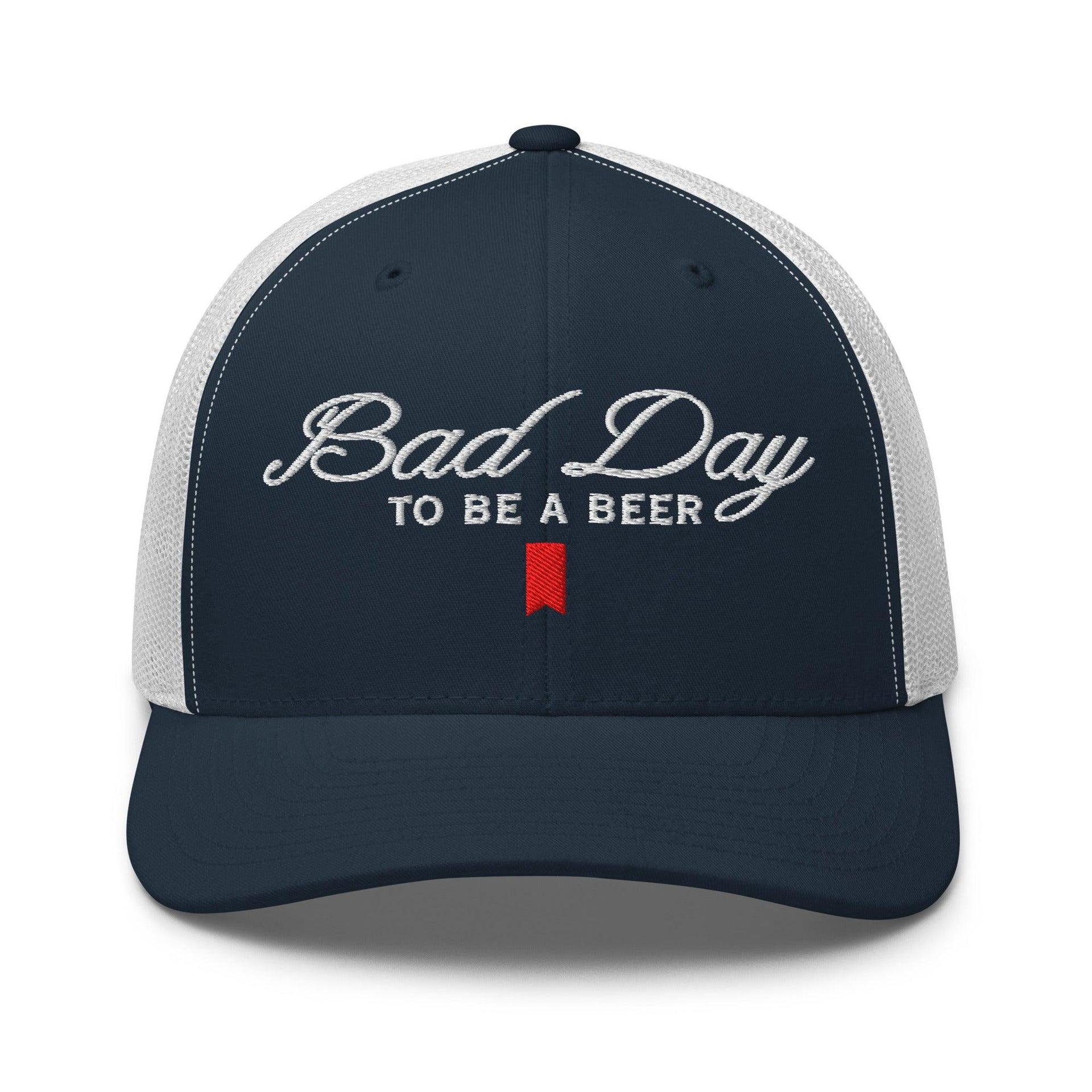 Bad Day to be a Beer Embroidered Mesh Trucker Hat Blue - Toronto Embroidery Navy White baseball cap bulk orders capital crowns custom caps custom decoration custom embroidery embroidered hats embroidery service fast turnaround funny headwear professional embroidery toronto embroidery trucker hat trucker hats