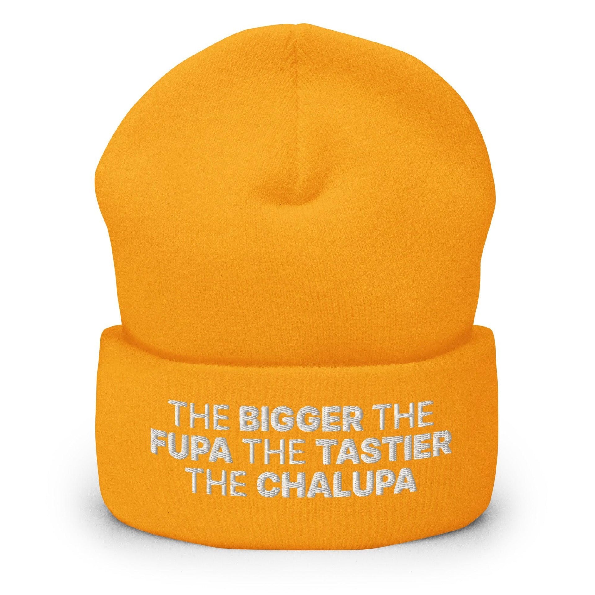The Bigger the Fupa the Tastier the Chalupa Embroidered Knit Cuffed Beanie Gold Beanies Capital Crowns Funny