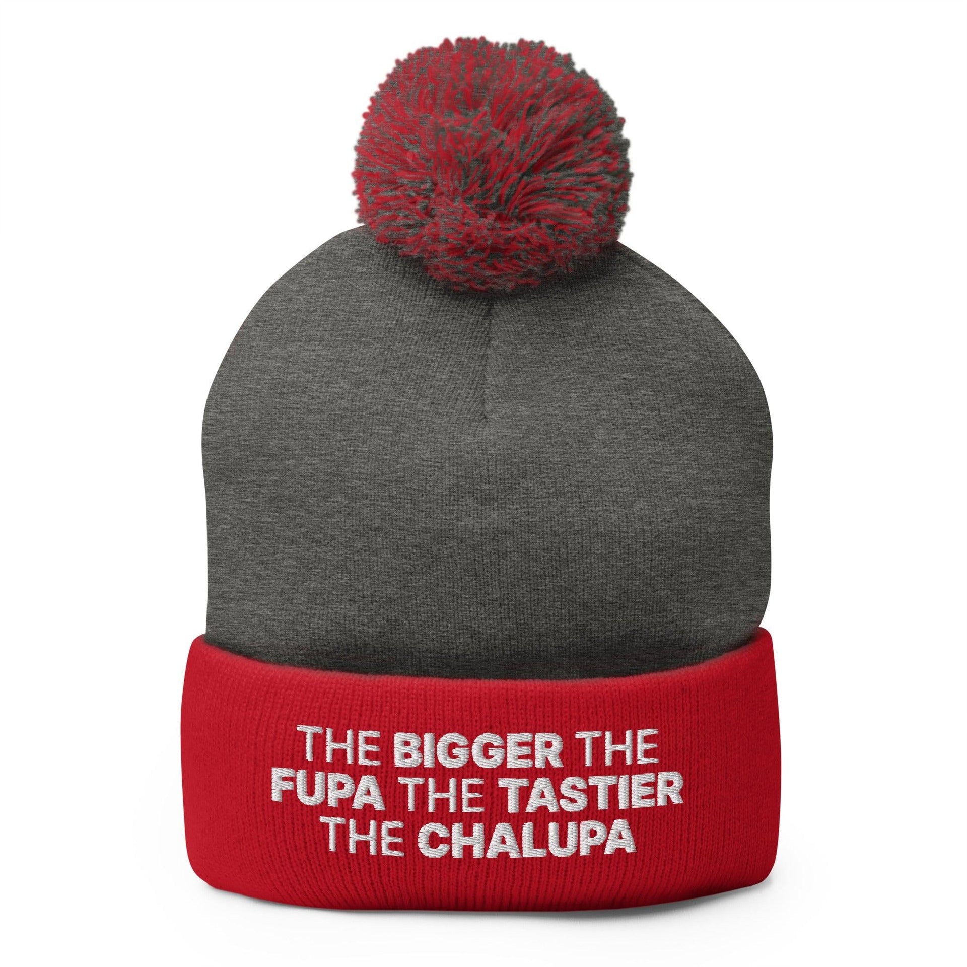 The Bigger the Fupa the Tastier the Chalupa Embroidered Knit Pom Pom Beanie Dark Heather Grey Red Beanies Capital Crowns Funny