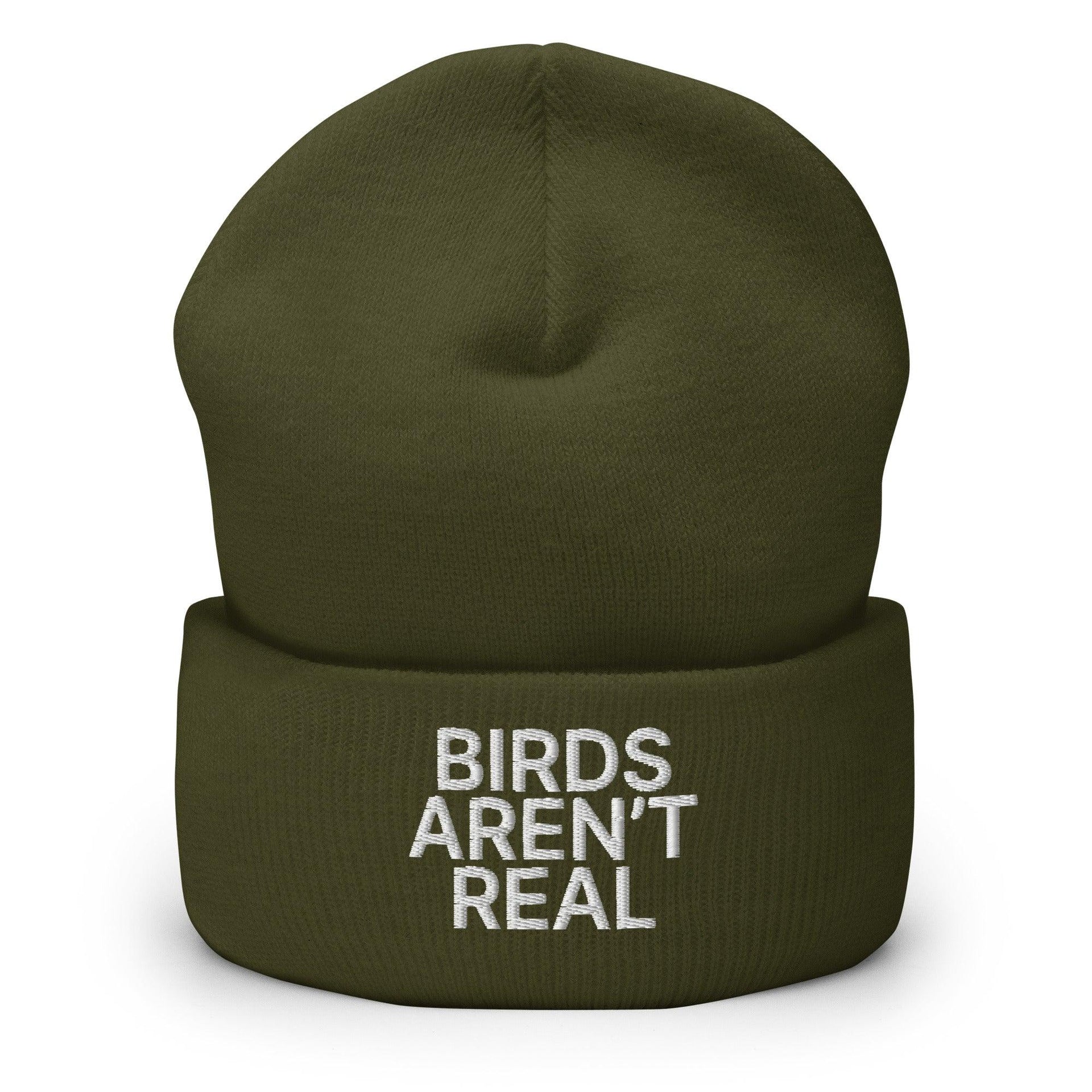 Birds Aren't Real Embroidered Knit Cuffed Beanie - Toronto Embroidery Olive beanies bulk orders capital crowns cold weather custom beanies custom decoration custom embroidery embroidered beanies embroidery service fast turnaround funny professional embroidery toronto embroidery winter wear