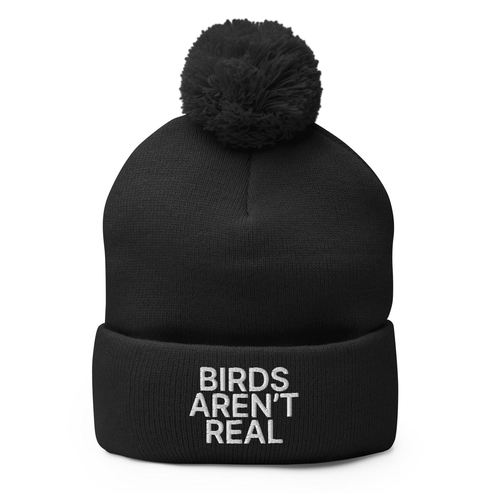 Birds Aren't Real Embroidered Knit Pom Pom Beanie Black Beanies Capital Crowns Funny
