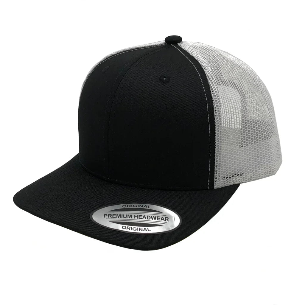 GNV-6606T - Premium Trucker Mesh Cap Black White ONE SIZE 6 PANELS CAP COTTON / POLYESTER CURVE headwear MESH mid profile nissi caps SNAPBACK STRUCTURED TRUCKER MESH UNISEX