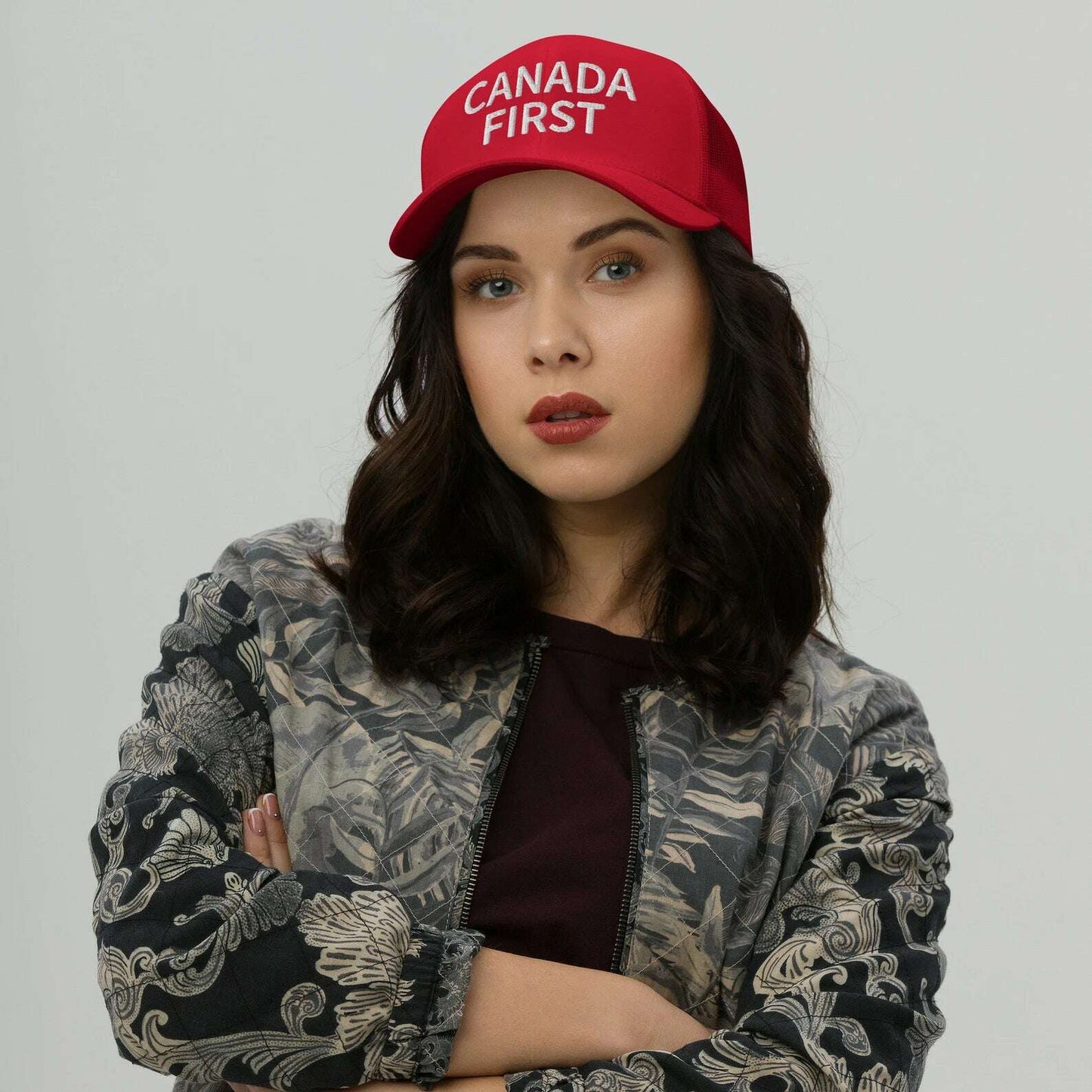 Canada First Five-Panel Retro Trucker Cap - Premium Embroidered Design Canada toque