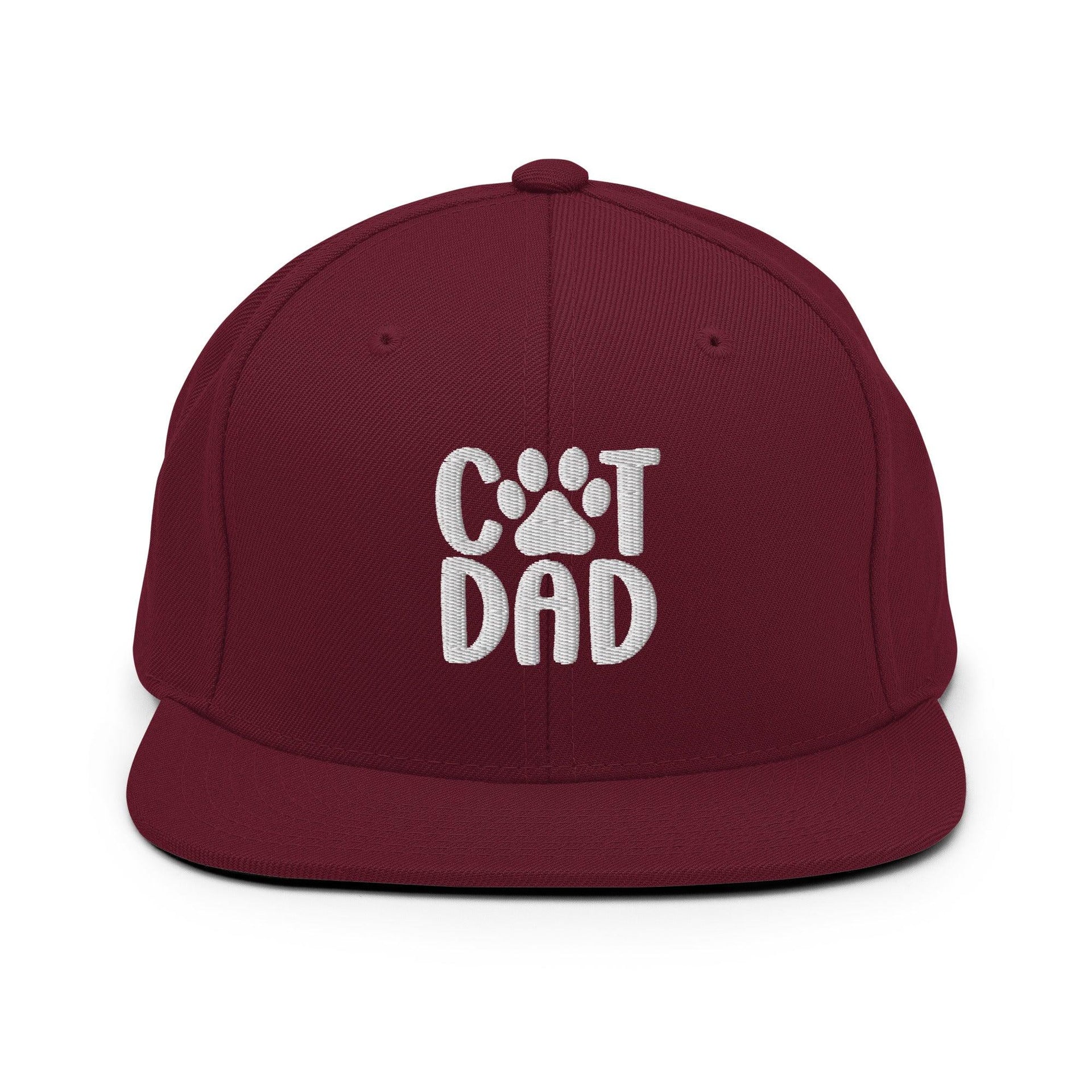 Cat Dad Embroidered Flat Bill Brim Snapback Hat Maroon Capital Crowns Funny Snapback Hats