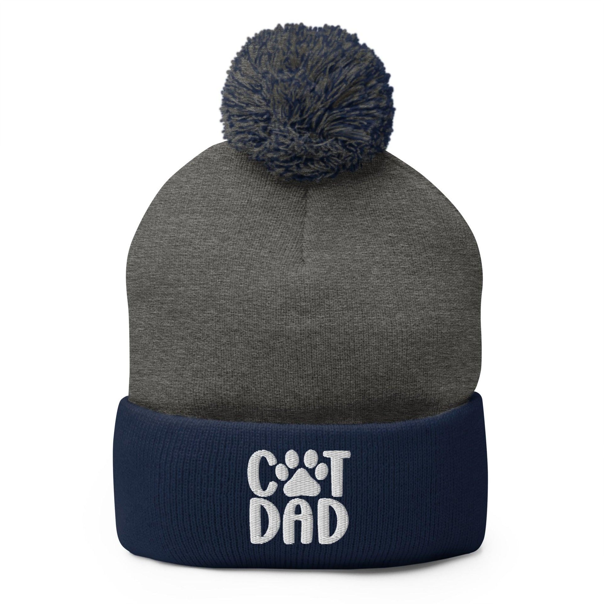 Cat Dad Embroidered Knit Pom Pom Beanie Dark Heather Grey Navy Beanies Capital Crowns Funny