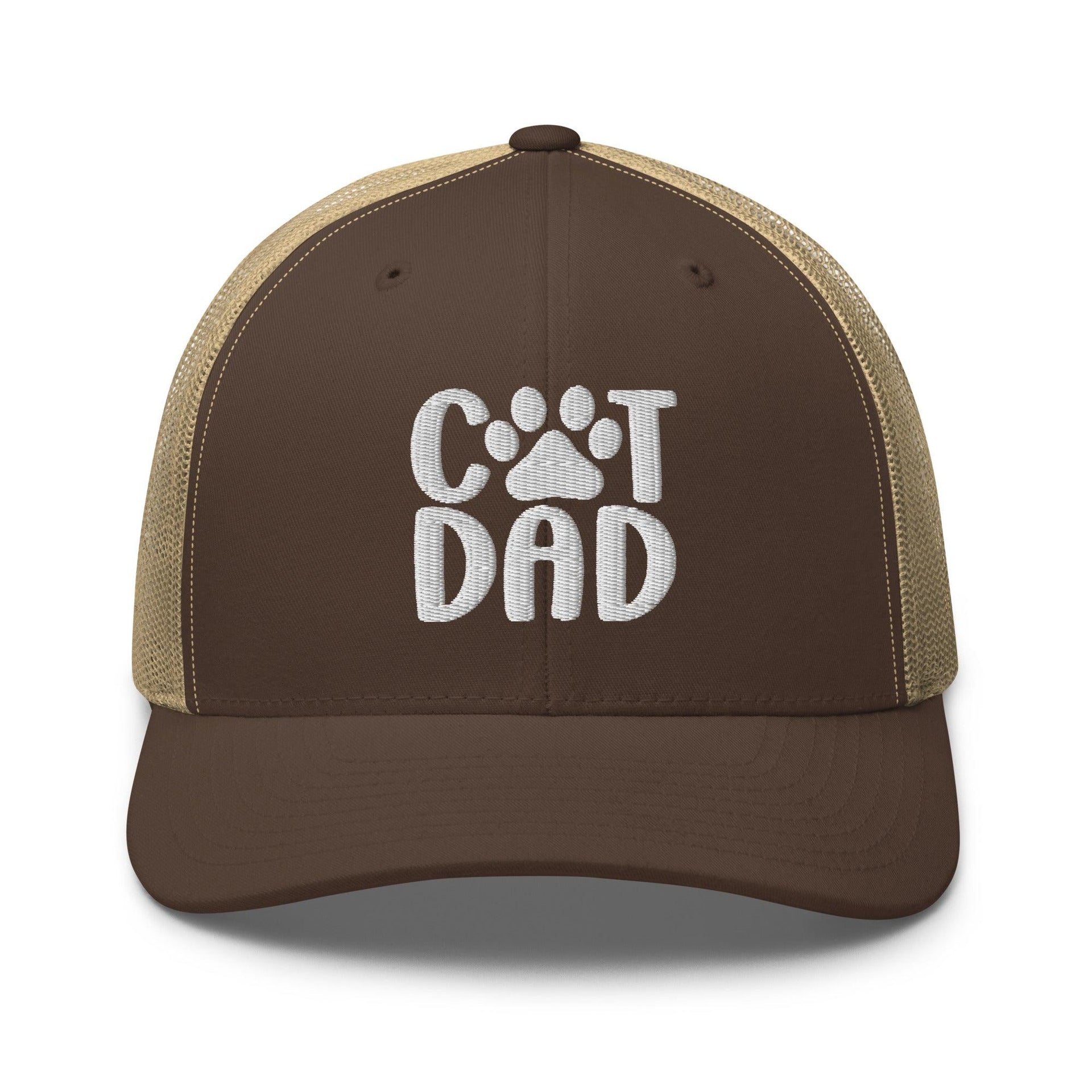 Cat Dad Embroidered Mesh Trucker Hat Brown Khaki Capital Crowns Funny Trucker Hats