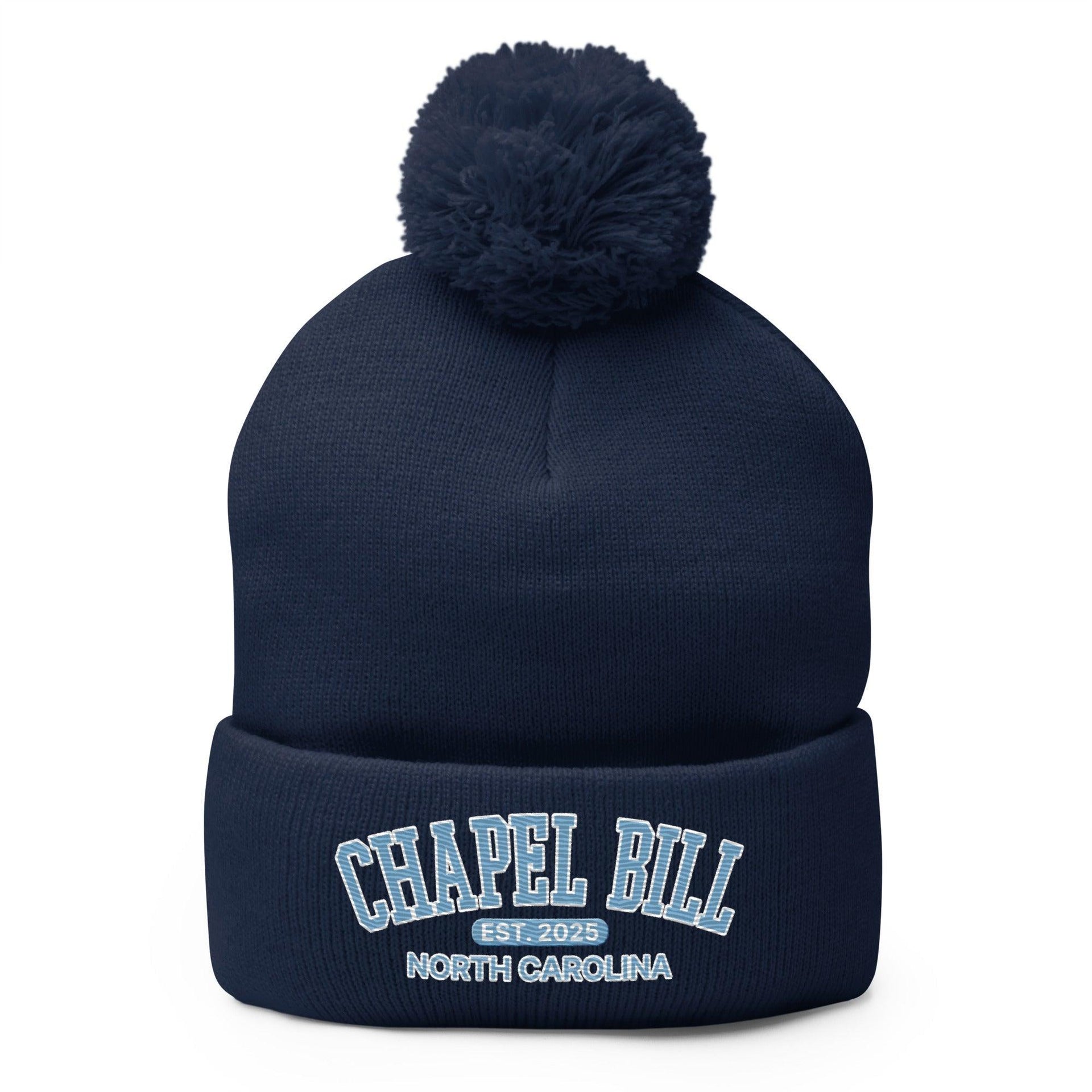 Chapel Bill Belichick UNC Coach Embroidered Knit Pom Pom Beanie Navy Beanies Capital Crowns College