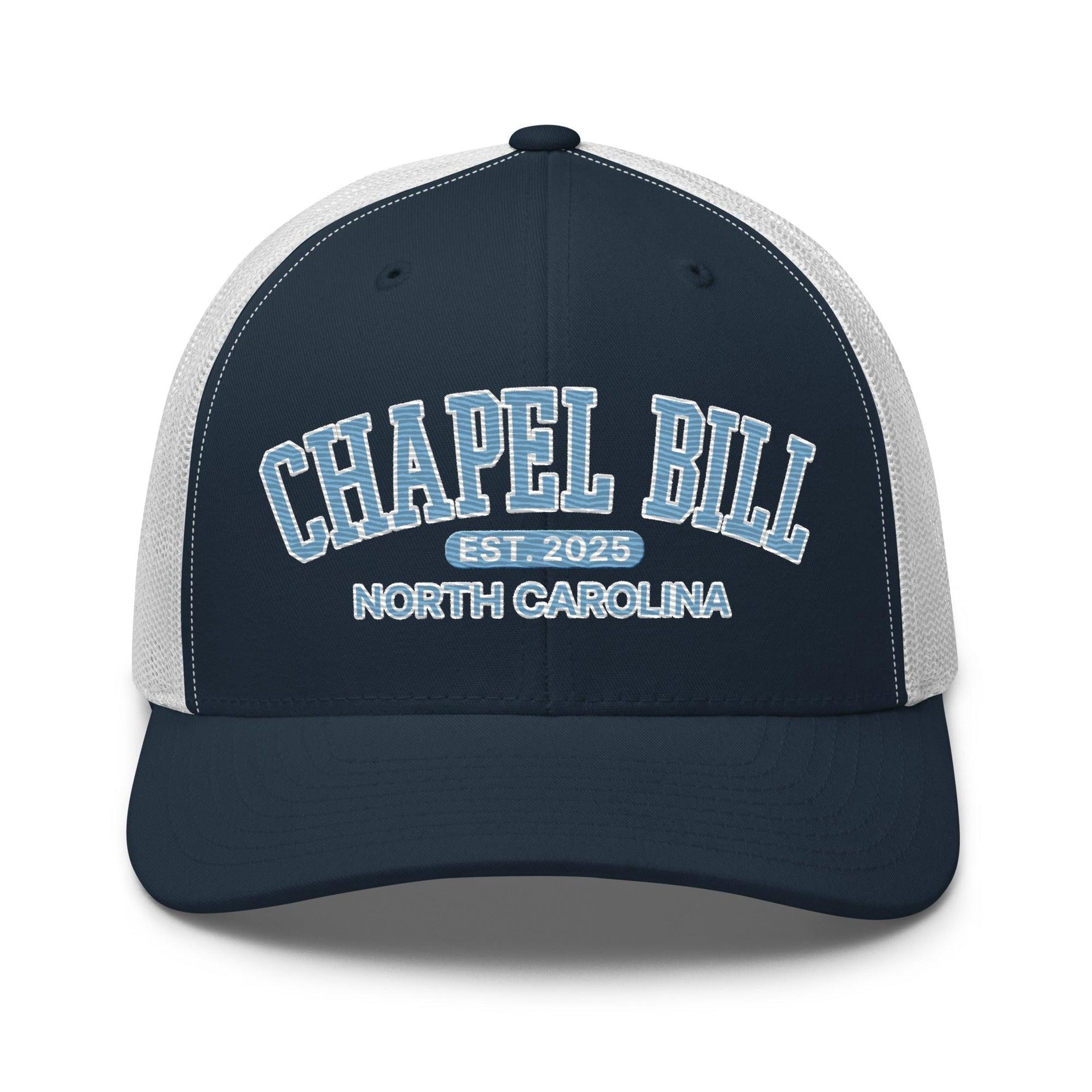 Chapel Bill Belichick UNC Coach Embroidered Mesh Trucker Hat Navy White Capital Crowns College Trucker Hats