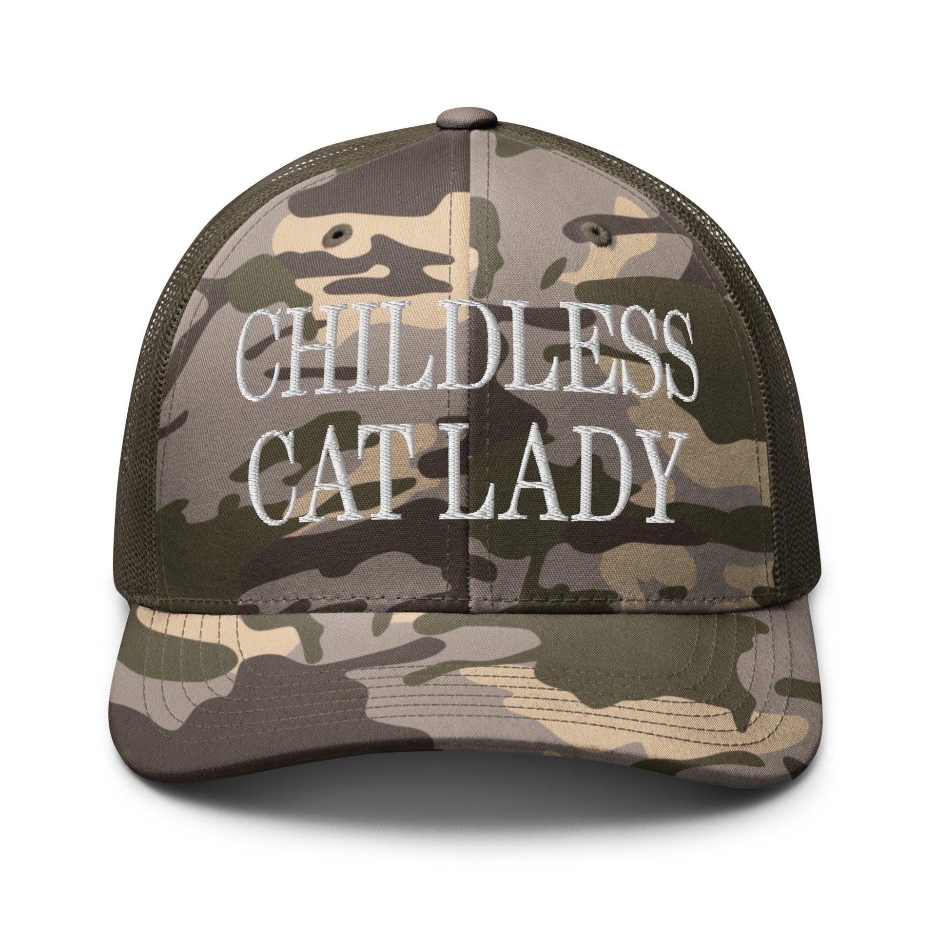 Childless Cat Lady Camo Trucker Hat Camo Olive Capital Crowns Liberal Trucker Hats