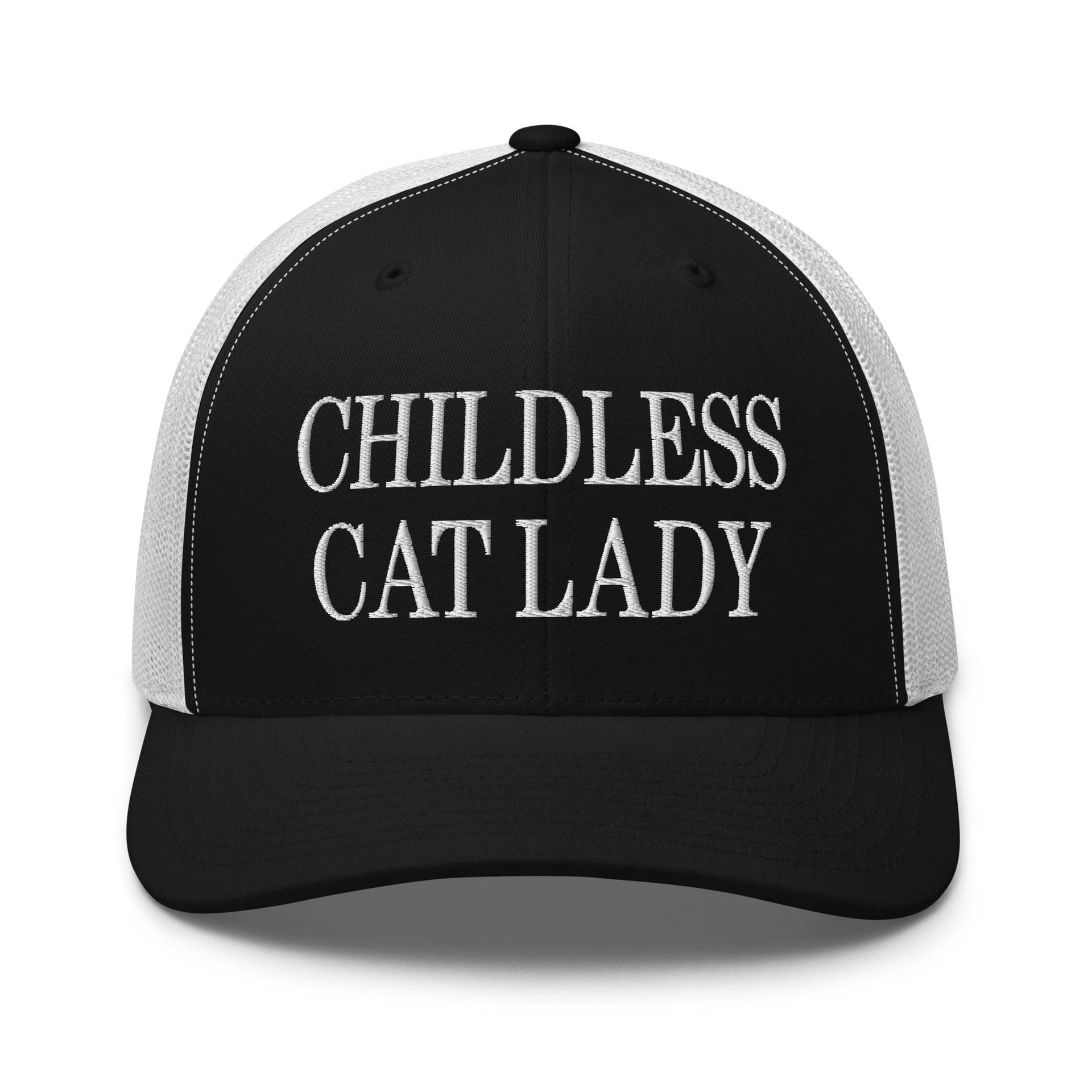 Childless Cat Lady Retro Trucker Hat Black White Capital Crowns Liberal Trucker Hats