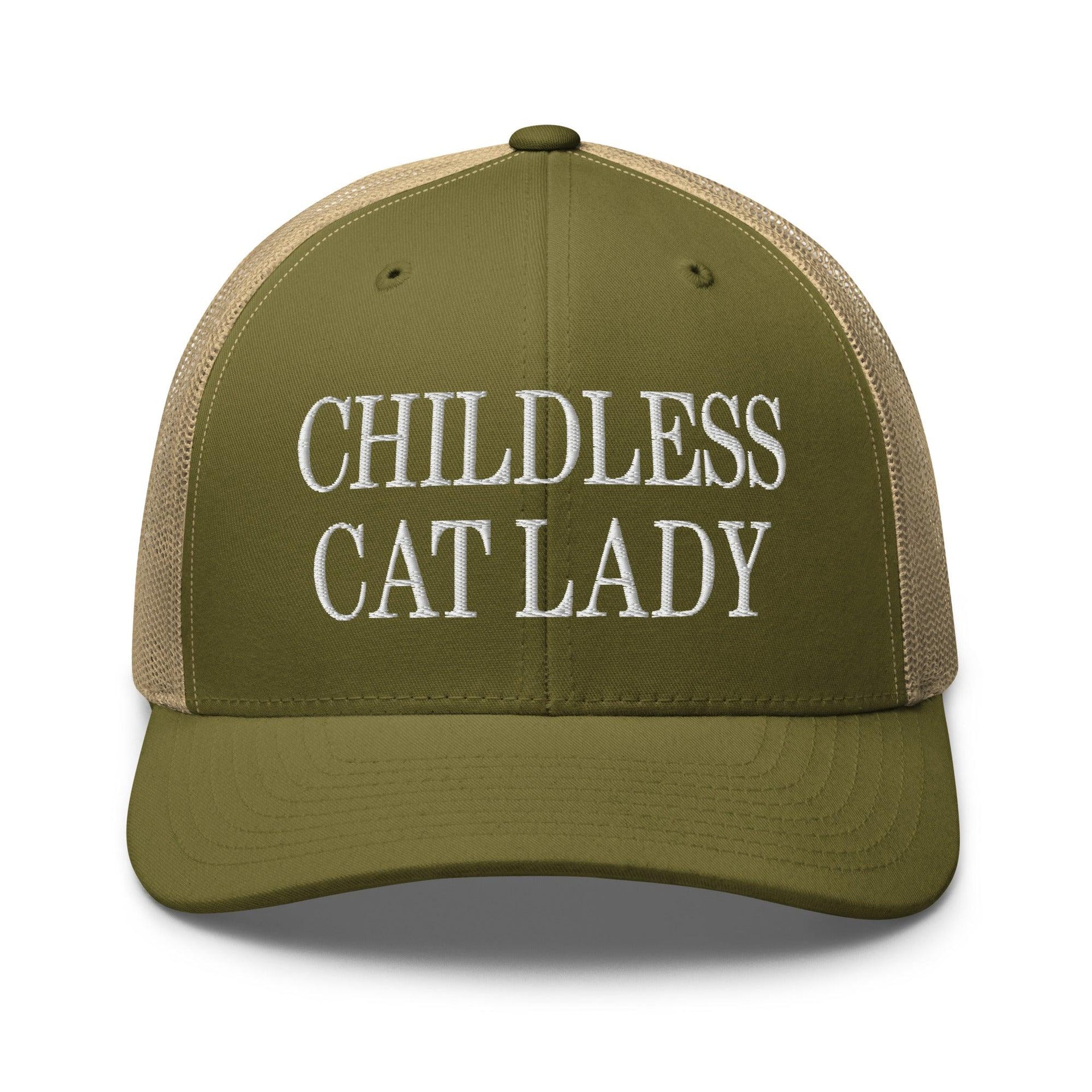 Childless Cat Lady Retro Trucker Hat Moss Khaki Capital Crowns Liberal Trucker Hats