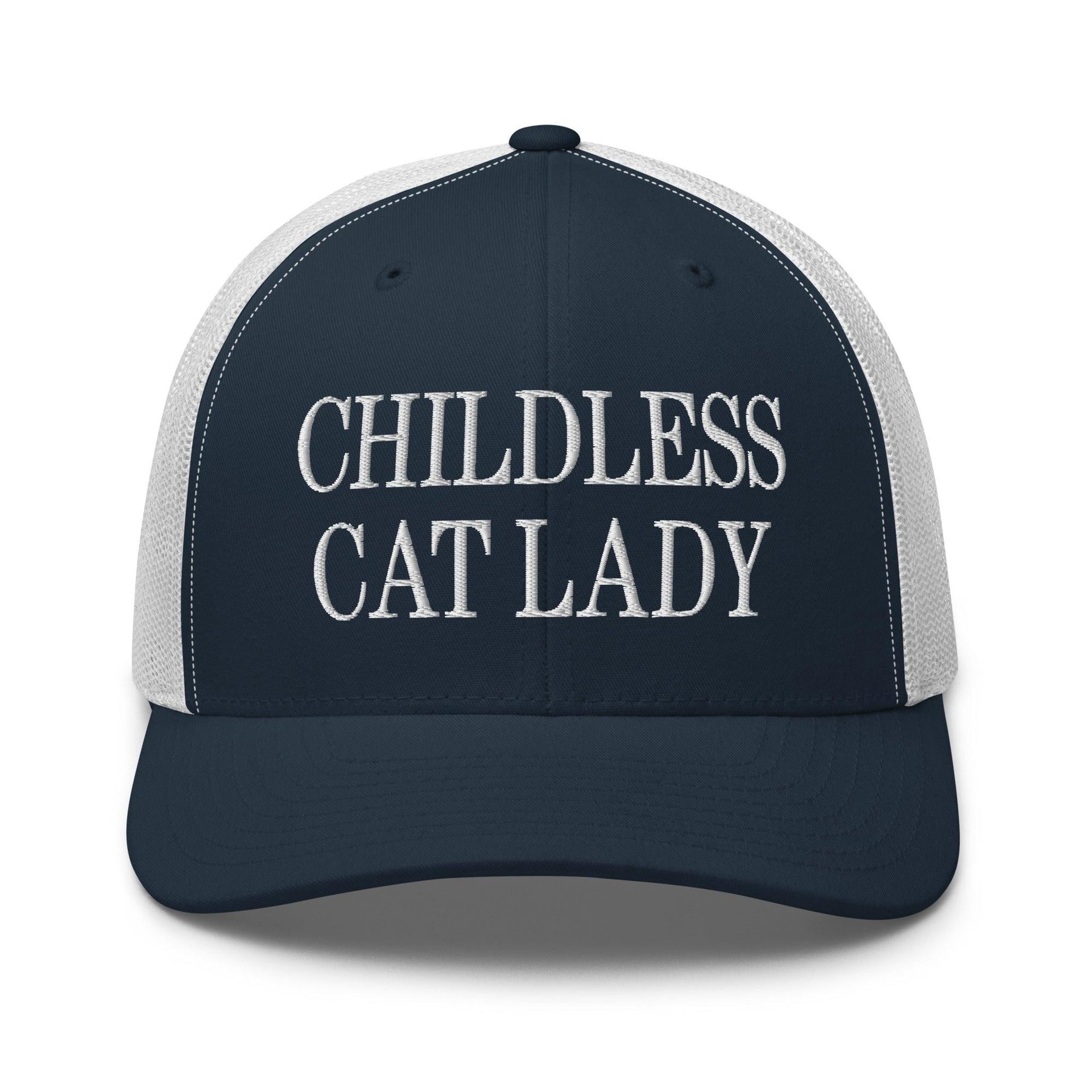 Childless Cat Lady Retro Trucker Hat Navy White Capital Crowns Liberal Trucker Hats
