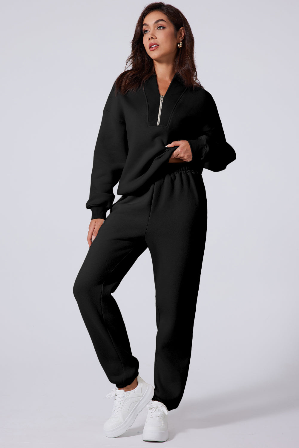 Black Plain Half Zip V Neck Top & Ribbed Edge Loose Pants Sets Color Black Fabric Cotton Fabric RibKnit matching set Occasion Daily Pattern Plain Season Spring&Autumn Style Casual