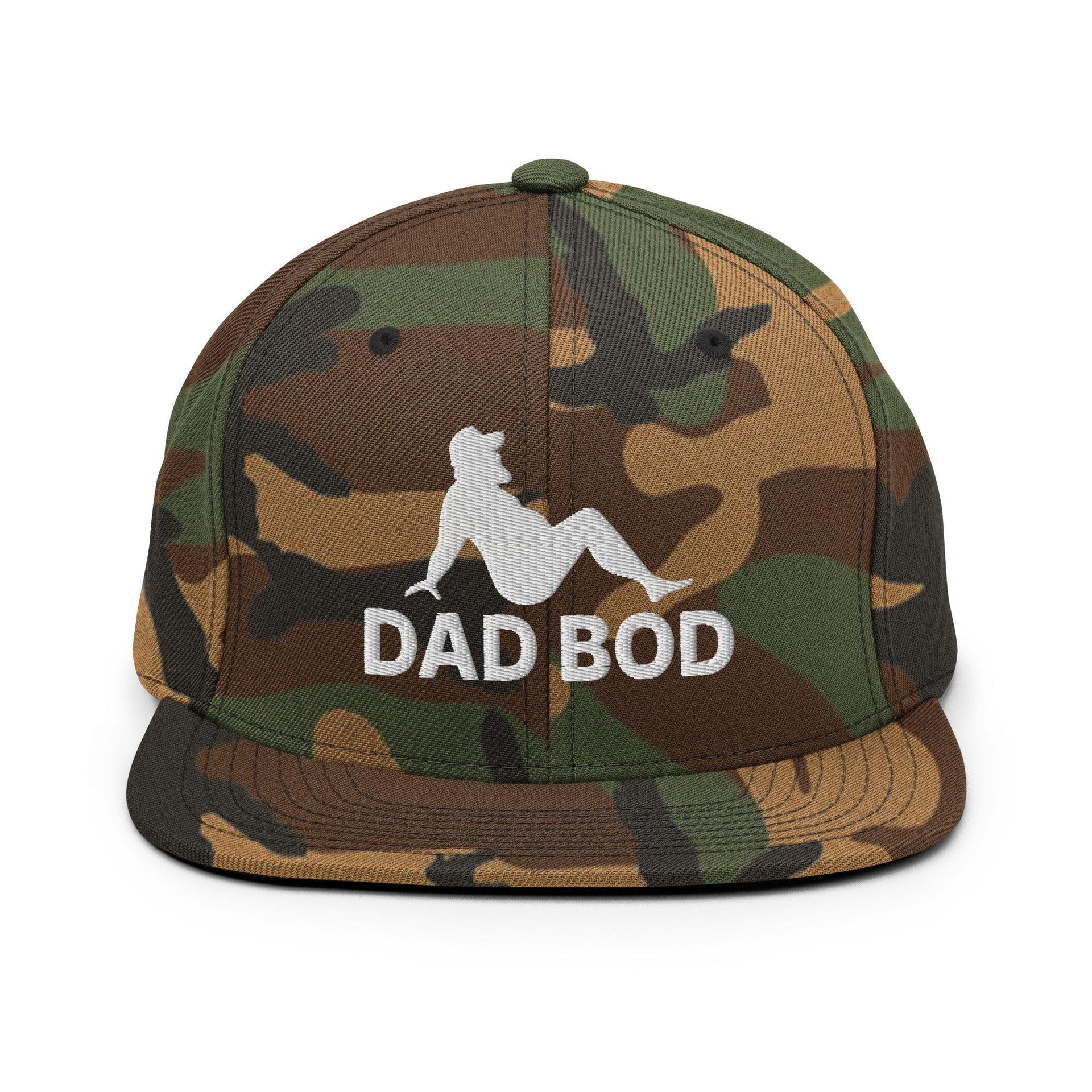 Dad Bod Mud Flap Silhouette Embroidered Flat Bill Brim Snapback Hat Green Camo Capital Crowns Dad Hats Funny Snapback Hats