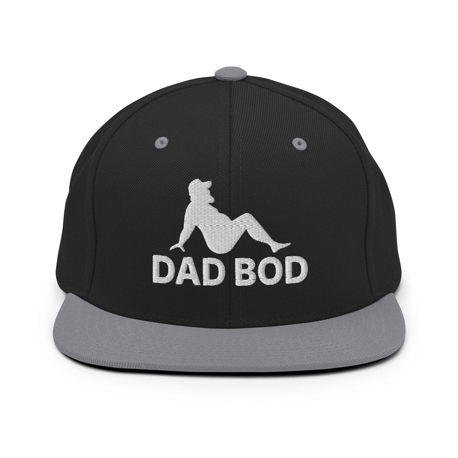 Dad Bod Mud Flap Silhouette Embroidered Flat Bill Brim Snapback Hat Black Silver Capital Crowns Dad Hats Funny Snapback Hats