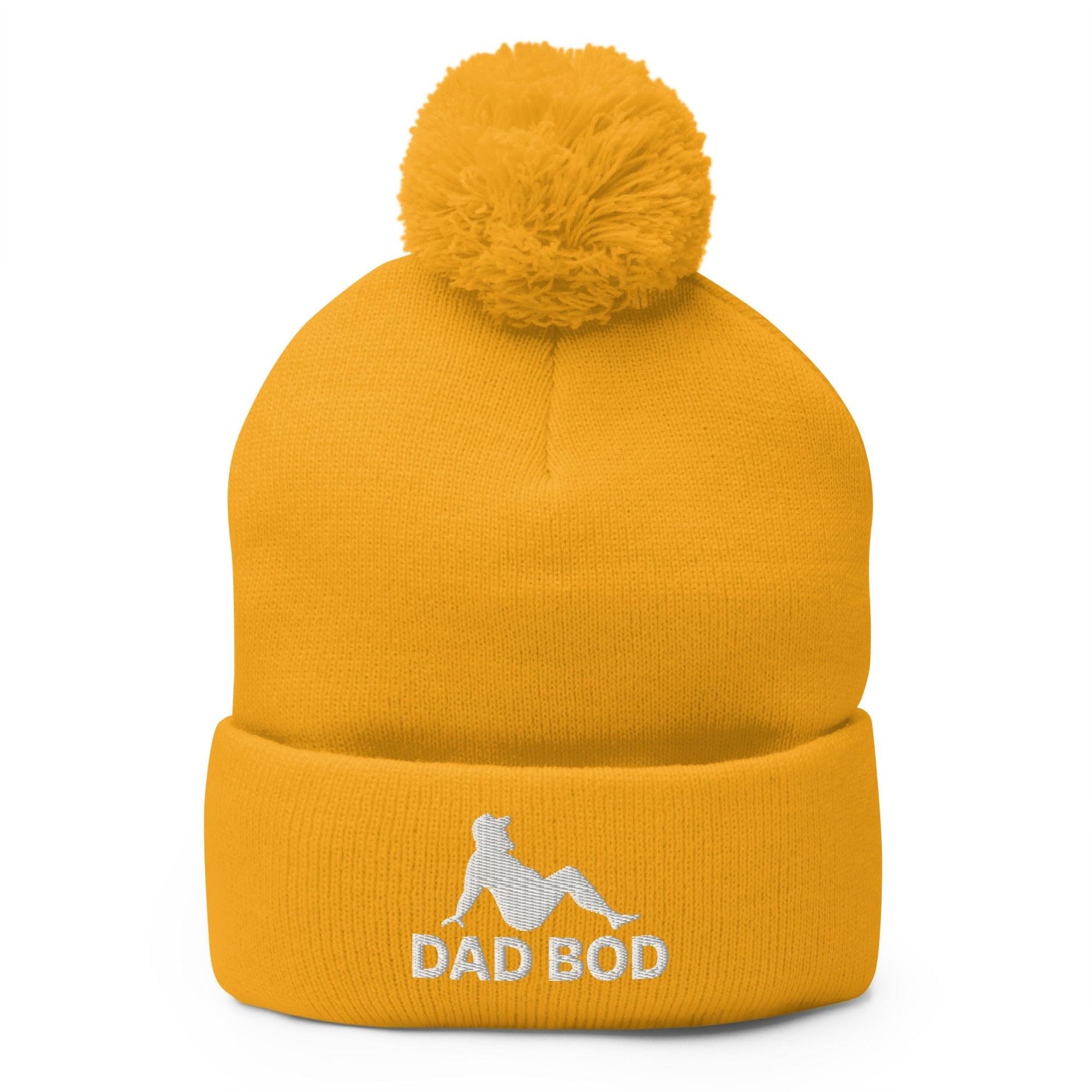 Dad Bod Mud Flap Silhouette Embroidered Knit Pom Pom Beanie Gold Beanies Capital Crowns Dad Hats Funny