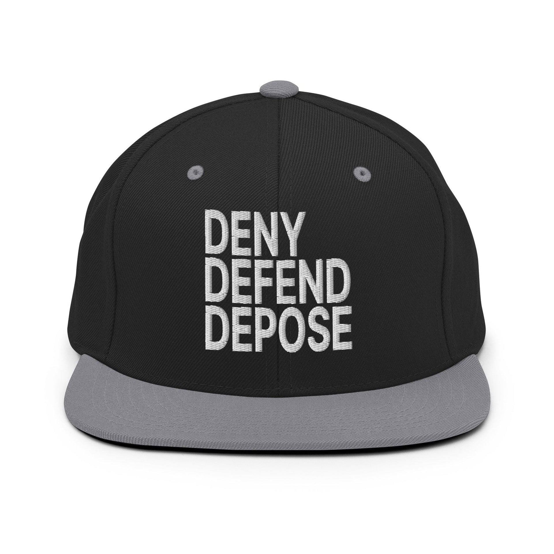 Deny Defend Depose Embroidered Flat Bill Brim Snapback Hat Black Silver Capital Crowns Funny LADs Snapback Hats