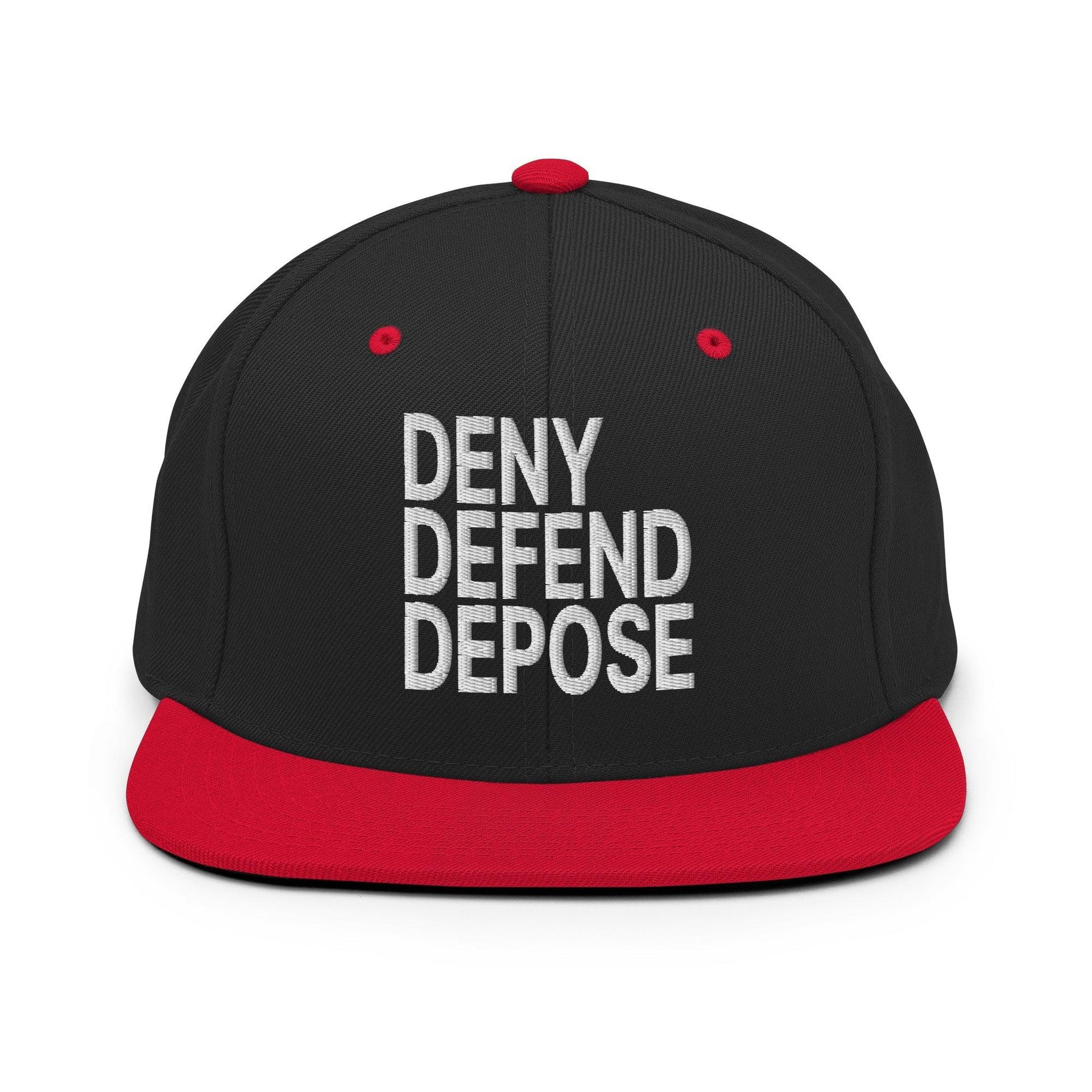 Deny Defend Depose Embroidered Flat Bill Brim Snapback Hat Black Red Capital Crowns Funny LADs Snapback Hats