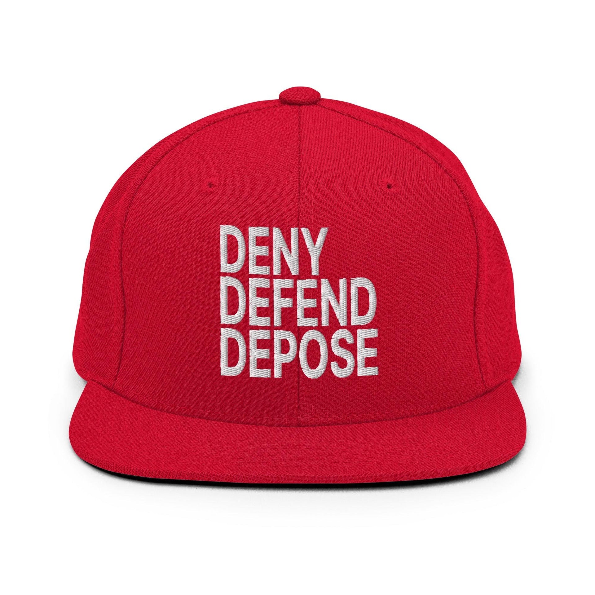 Deny Defend Depose Embroidered Flat Bill Brim Snapback Hat Red Capital Crowns Funny LADs Snapback Hats