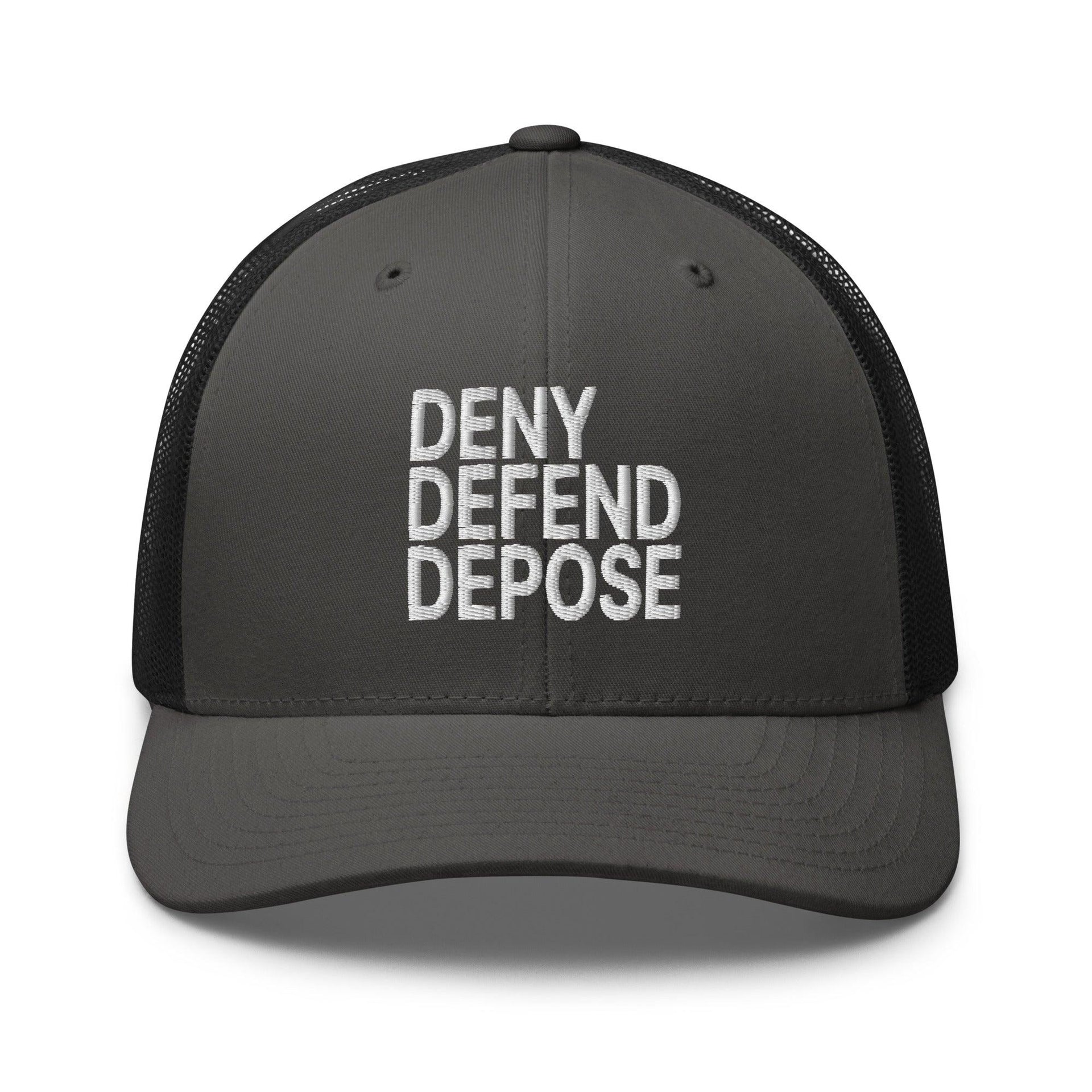Deny Defend Depose Embroidered Mesh Trucker Hat Charcoal Black Capital Crowns Funny LADs Trucker Hats
