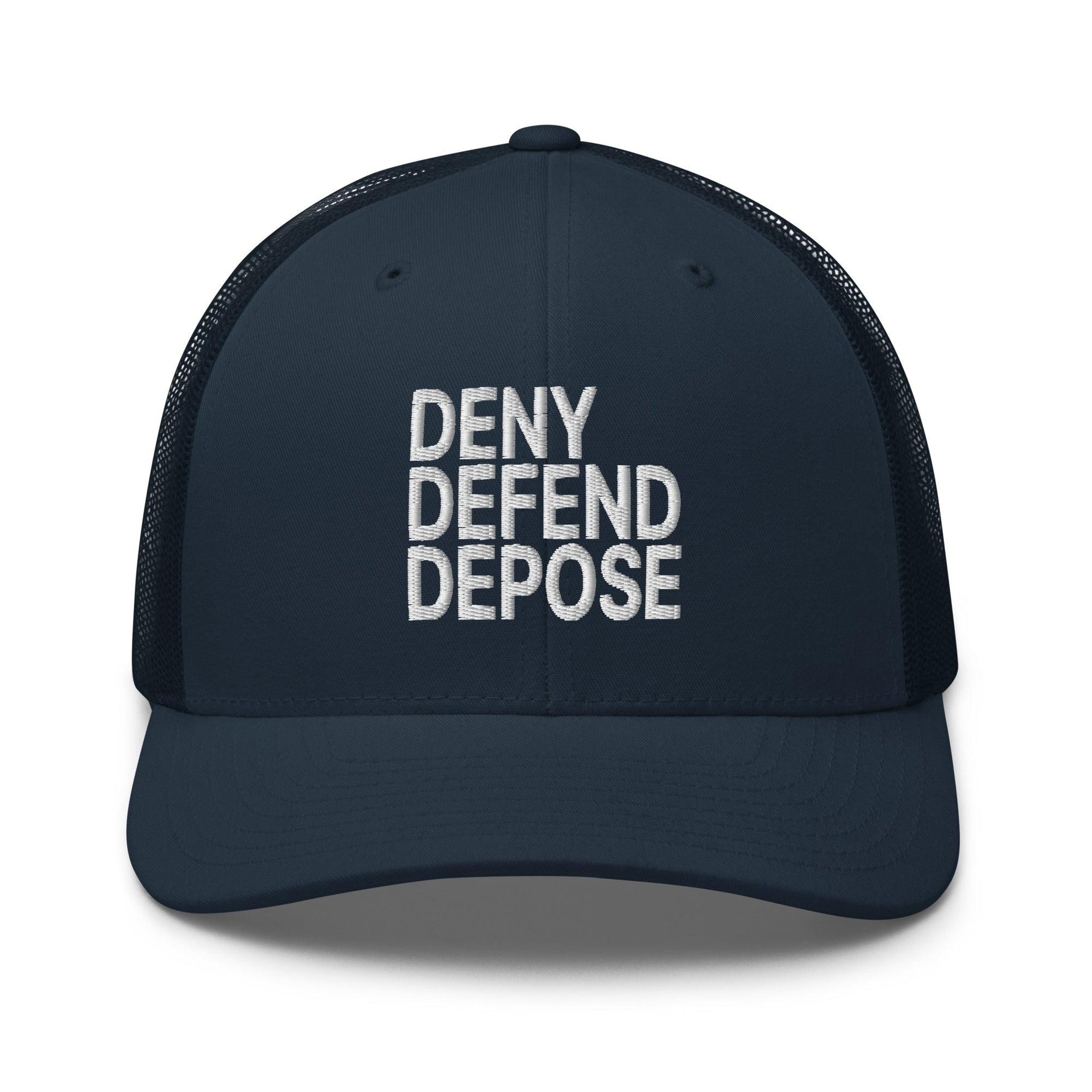 Deny Defend Depose Embroidered Mesh Trucker Hat Navy Capital Crowns Funny LADs Trucker Hats