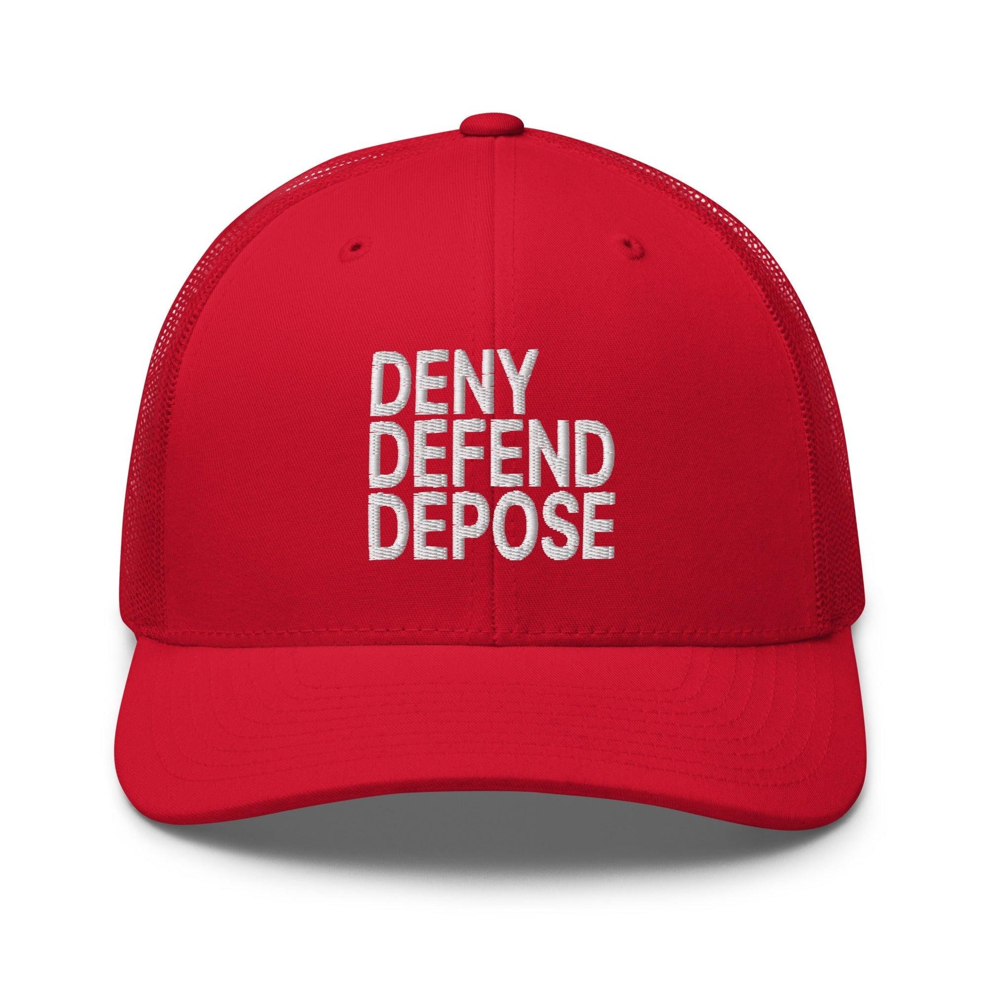 Deny Defend Depose Embroidered Mesh Trucker Hat Red Capital Crowns Funny LADs Trucker Hats