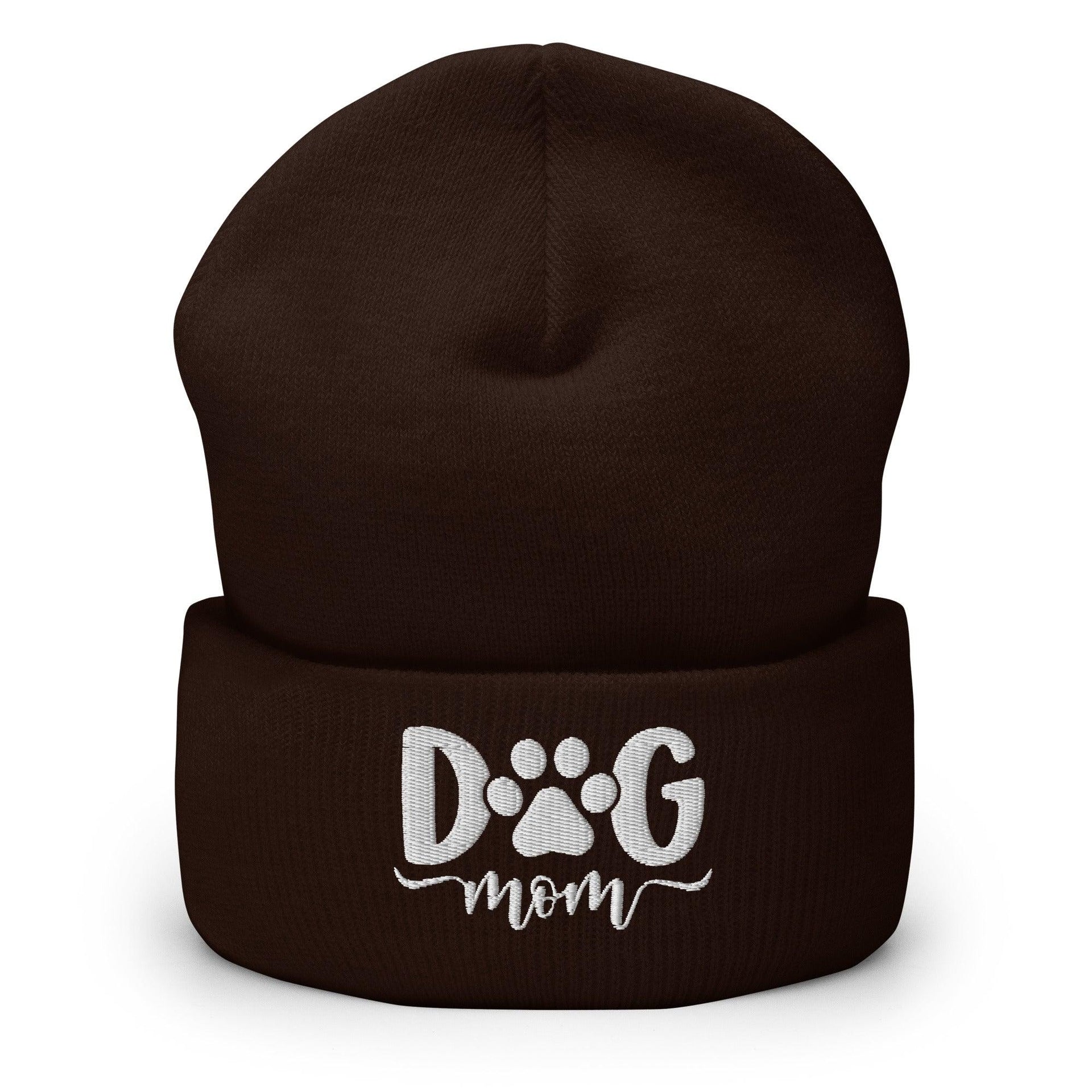 Dog Mom Embroidered Knit Cuffed Beanie Brown Beanies Capital Crowns Funny