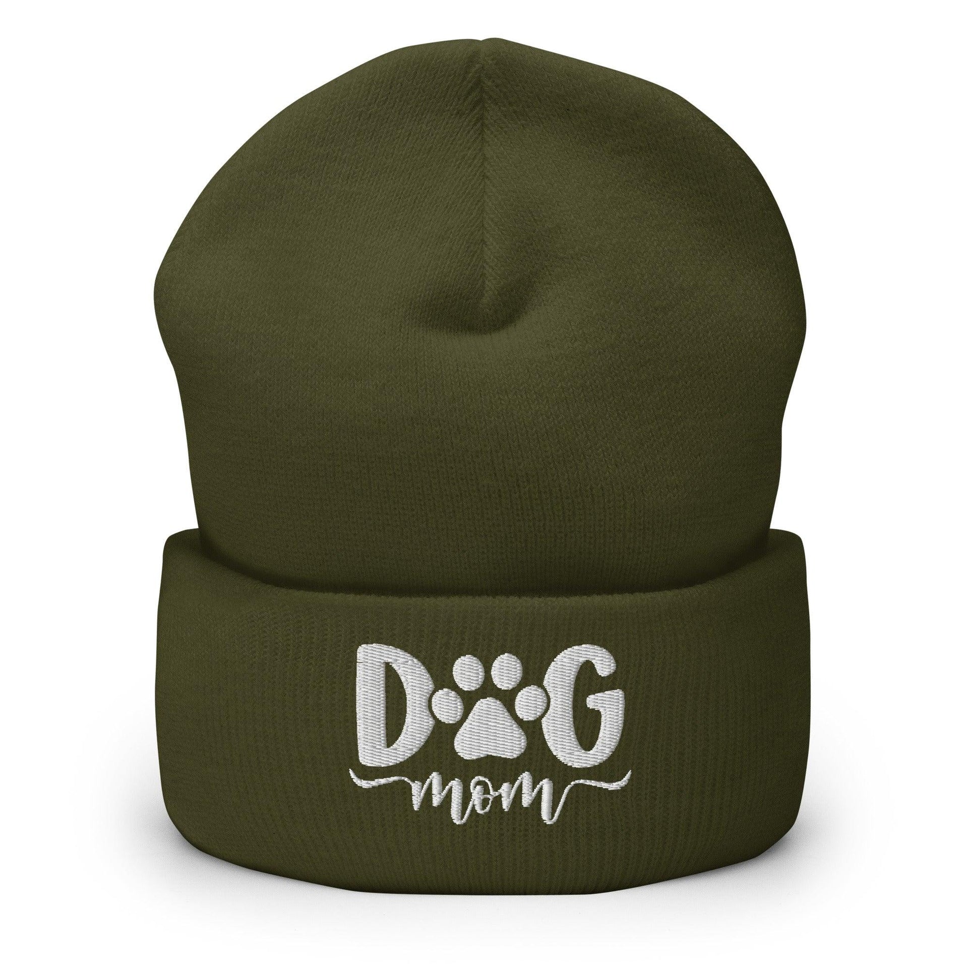 Dog Mom Embroidered Knit Cuffed Beanie Olive Beanies Capital Crowns Funny