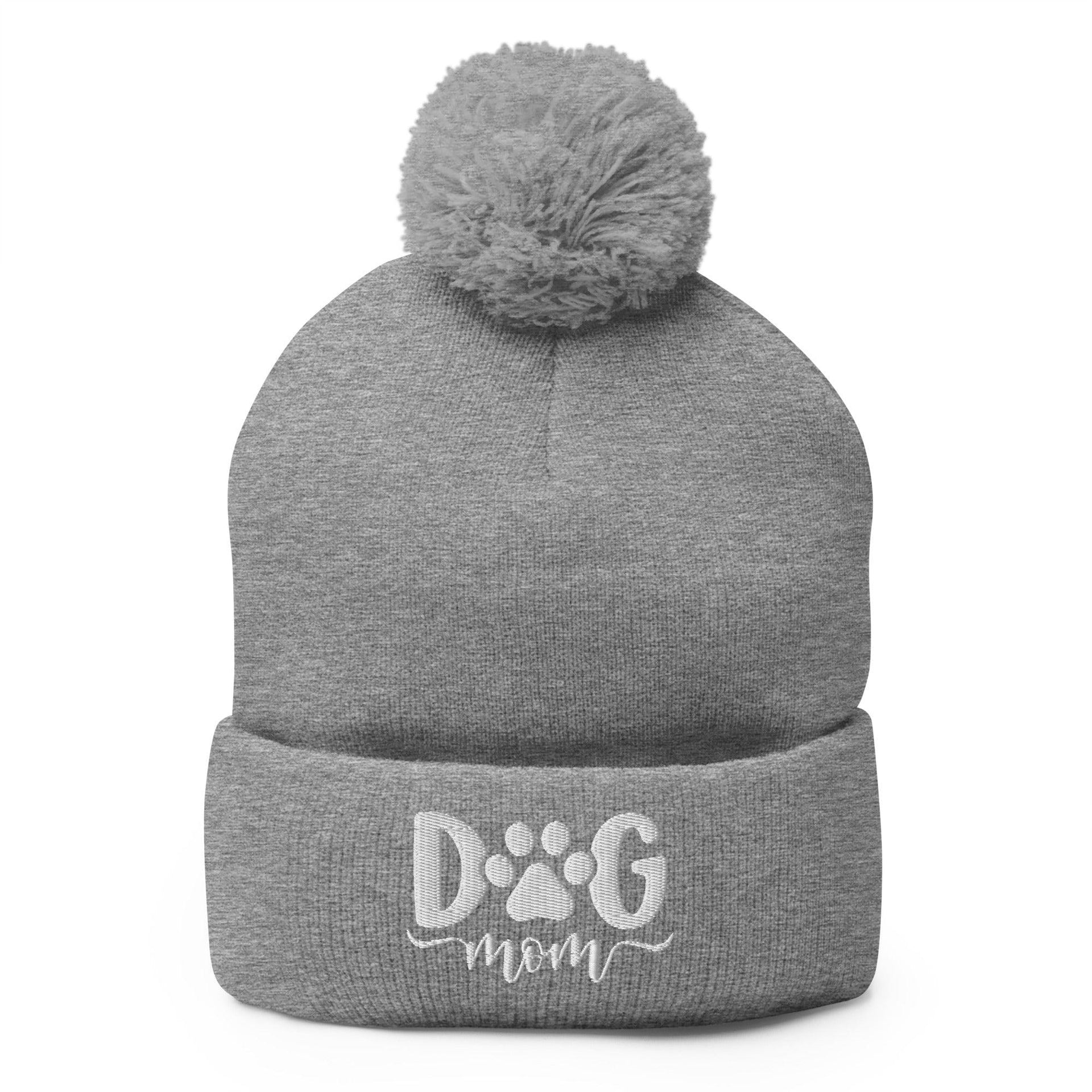 Dog Mom Embroidered Knit Pom Pom Beanie Heather Grey Beanies Capital Crowns Funny