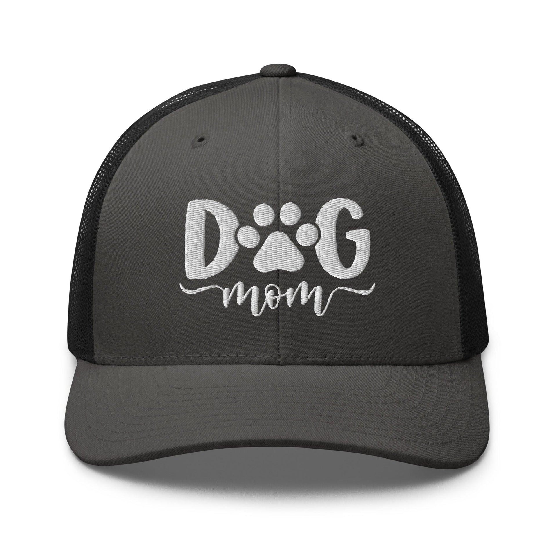 Dog Mom Embroidered Mesh Trucker Hat Charcoal Black Capital Crowns Funny Trucker Hats