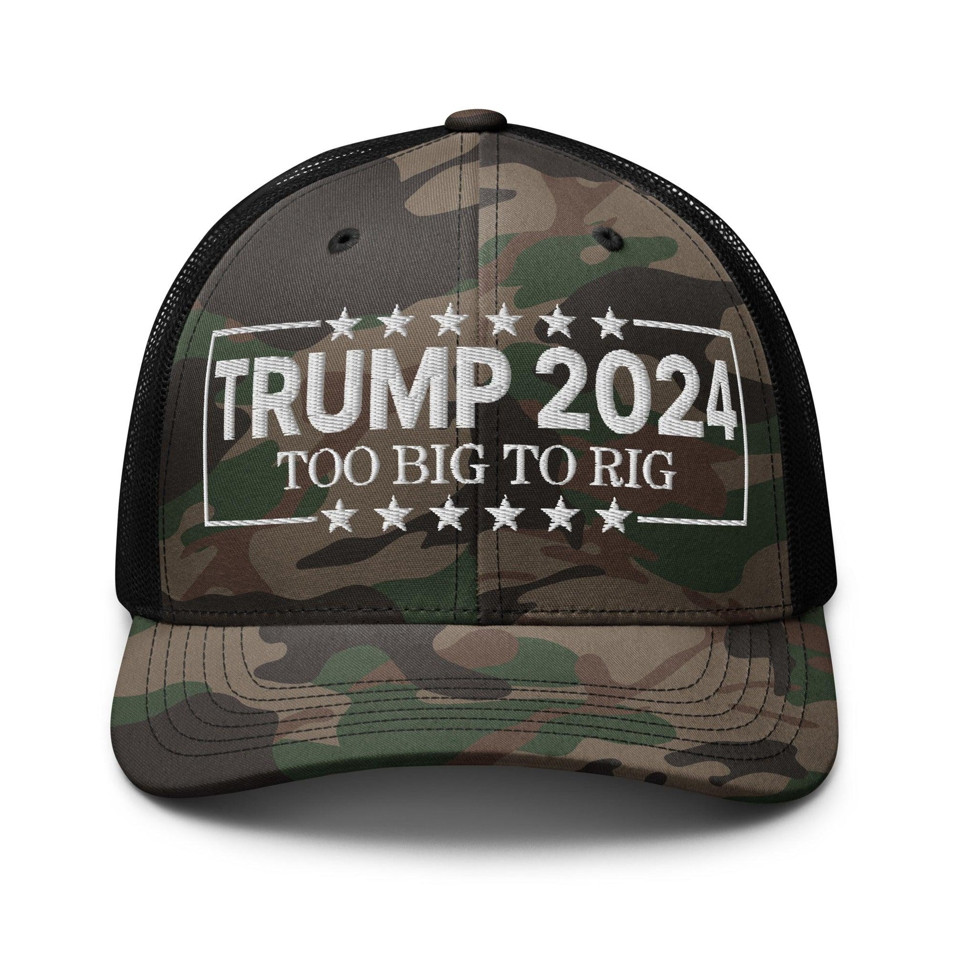Donald Trump 2024 Too Big to Rig Camo Trucker Hat Camo Black Capital Crowns Conservative LADs Trucker Hats