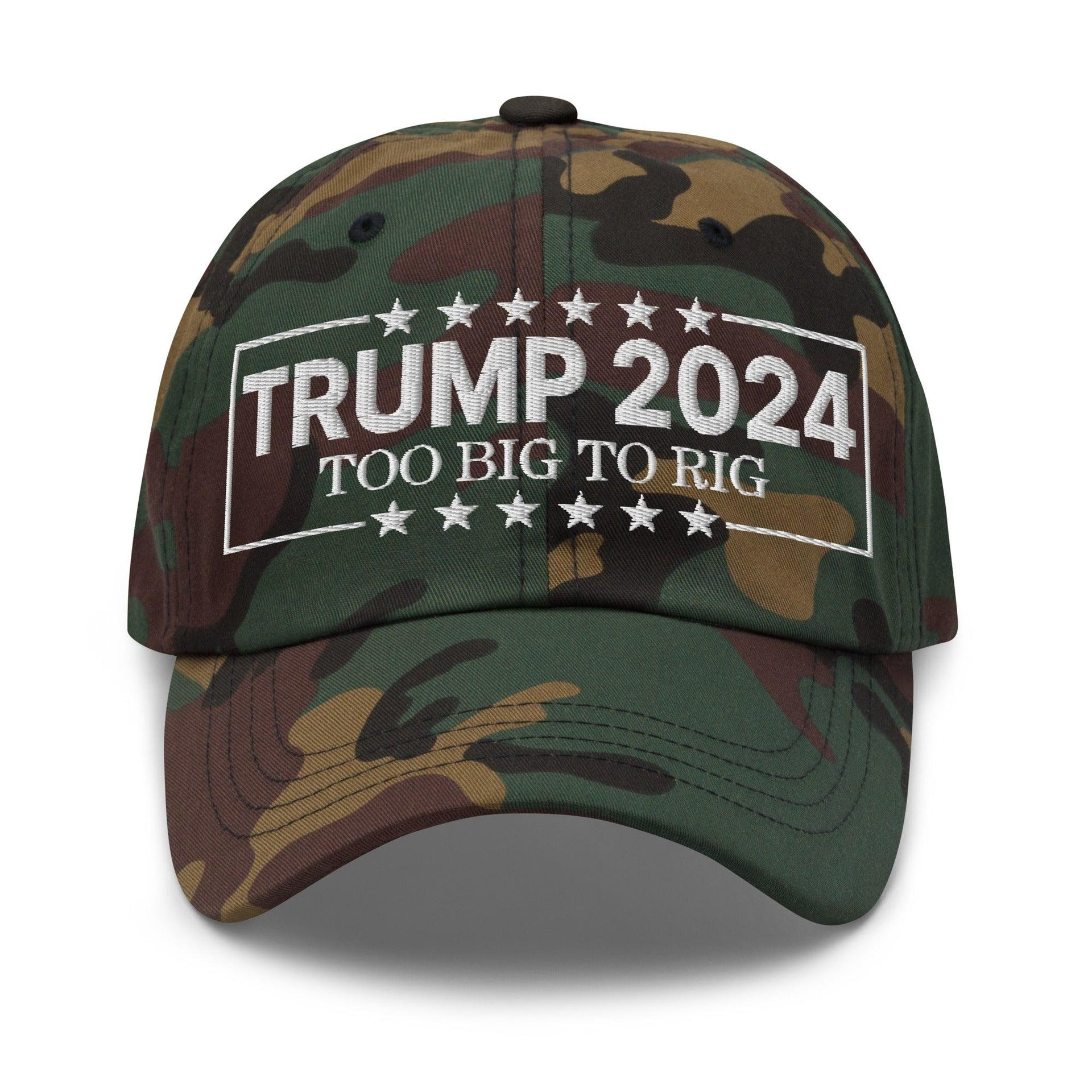 Donald Trump 2024 Too Big to Rig Dad Hat Green Camo Capital Crowns Conservative Dad Hats LADs