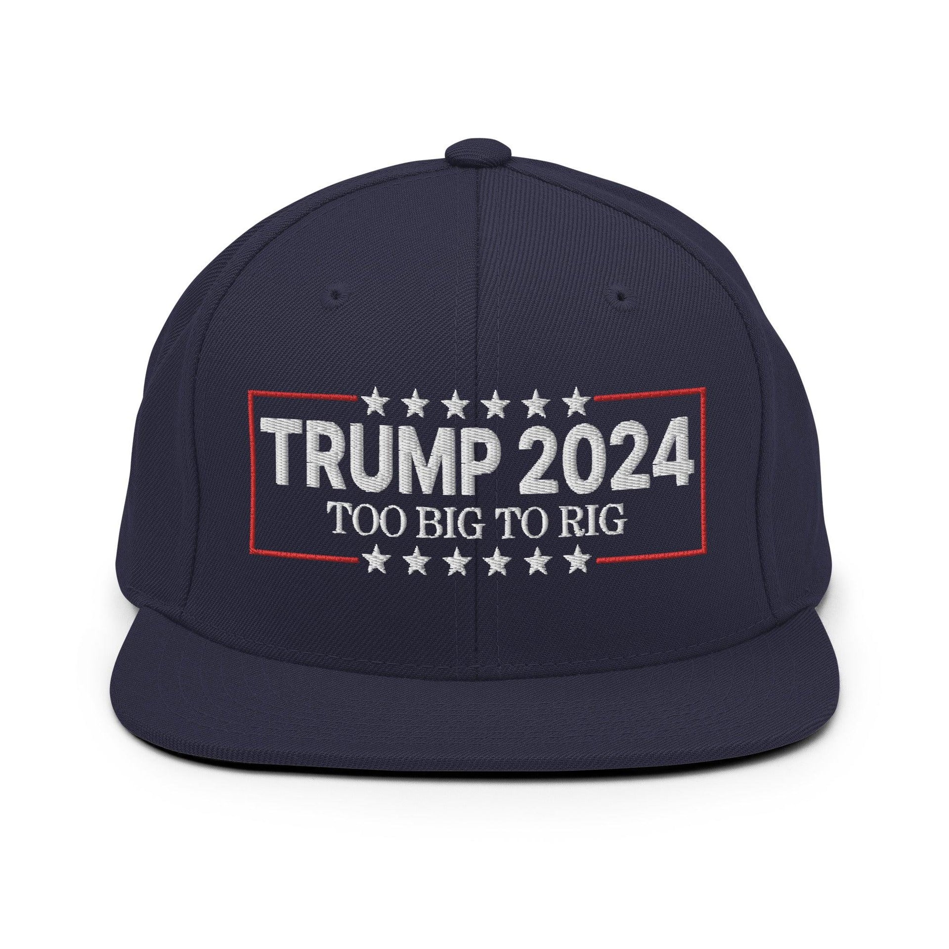 Donald Trump 2024 Too Big to Rig Flat Bill Brim Snapback Hat Navy Capital Crowns Conservative LADs Snapback Hats