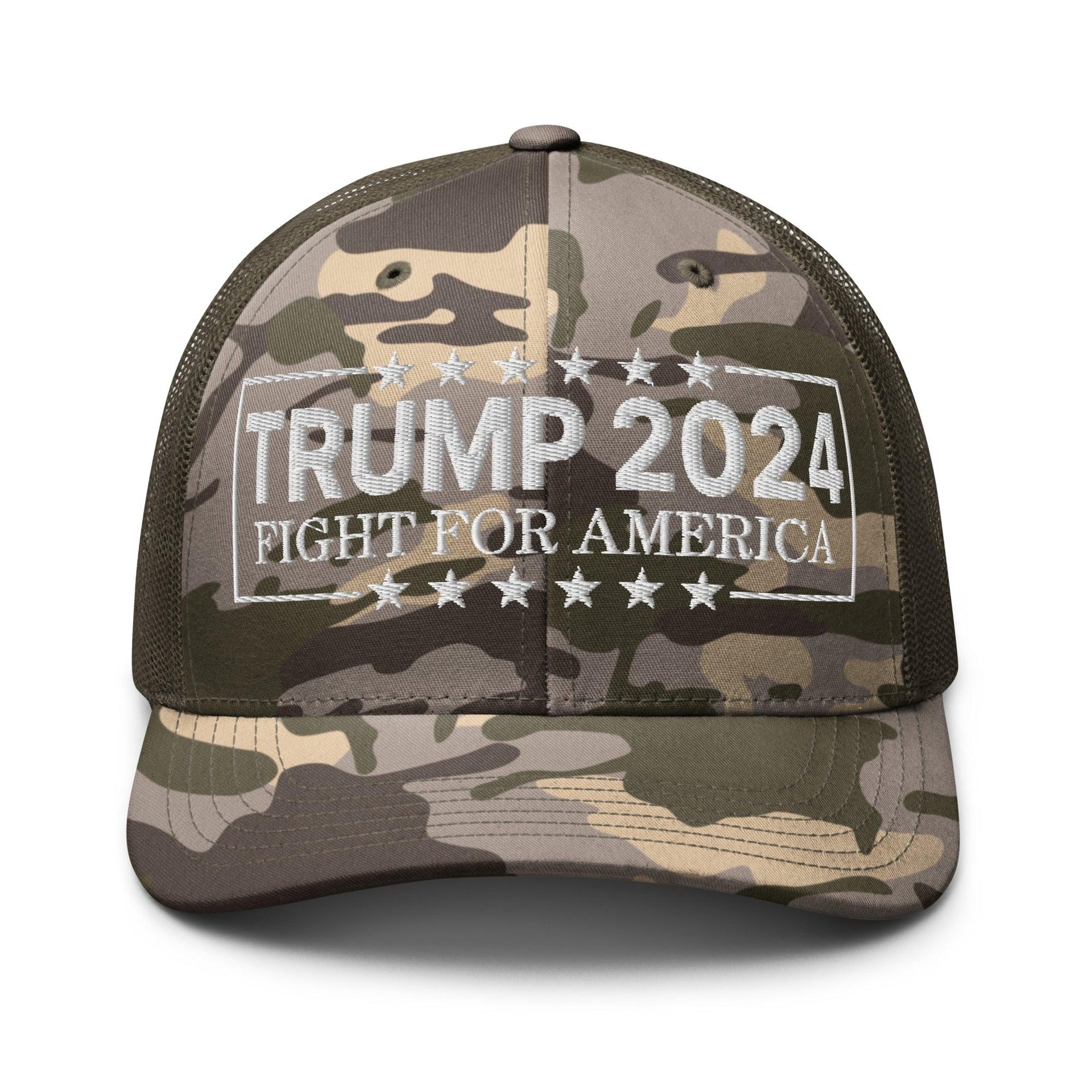 Donald Trump 2024 Fight For America Camo Trucker Hat Camo Olive Capital Crowns Conservative LADs Trucker Hats