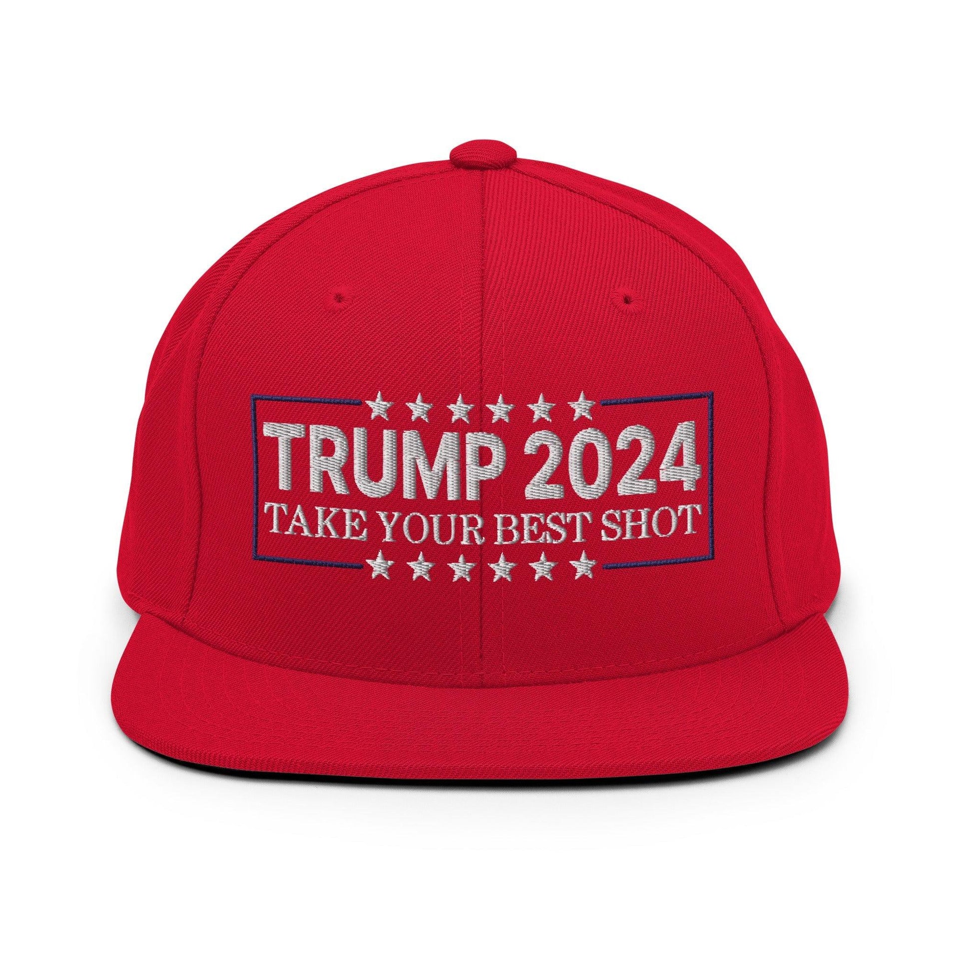 Donald Trump 2024 Take Your Best Shot Flat Bill Brim Snapback Hat Red Capital Crowns Conservative LADs Snapback Hats