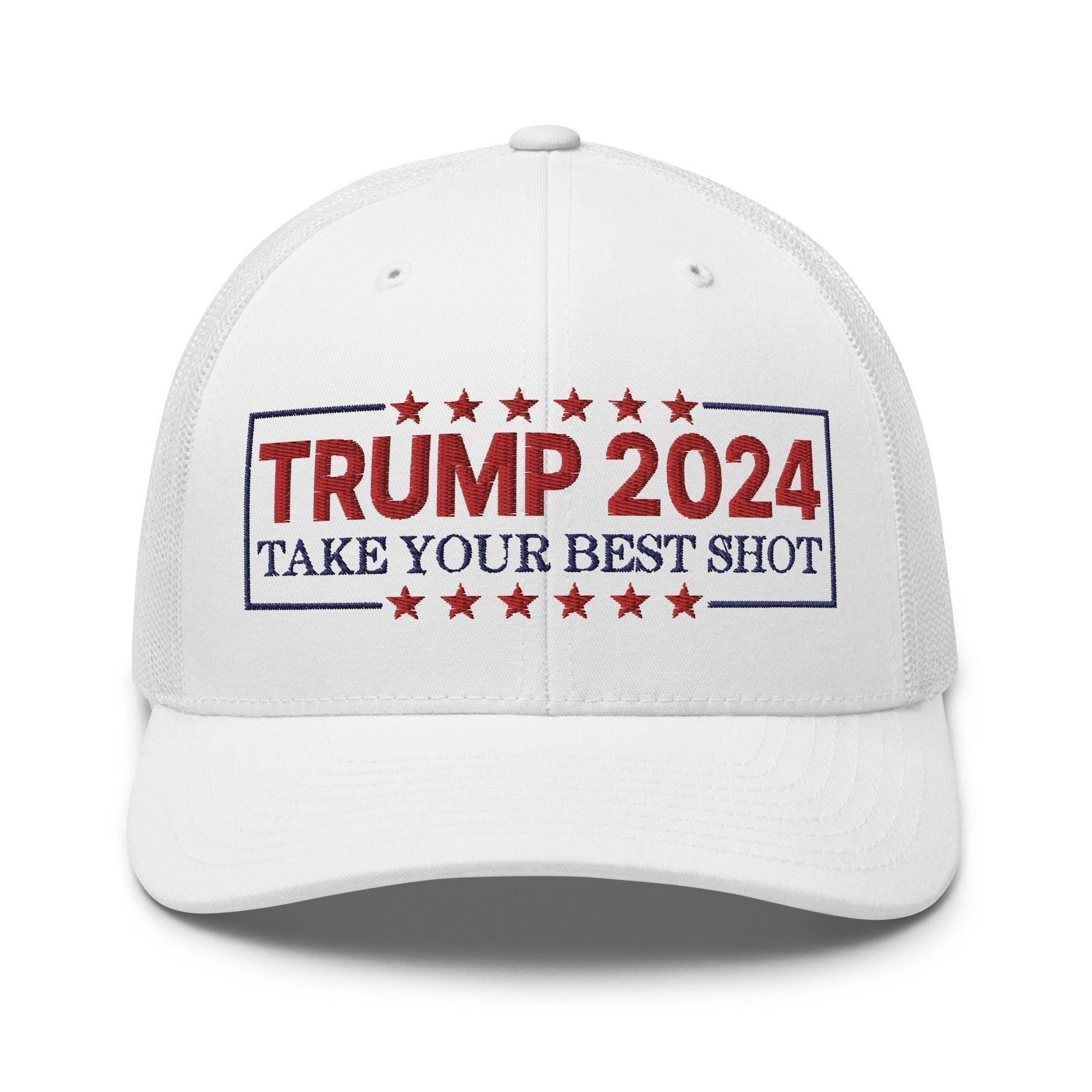 Donald Trump 2024 Take Your Best Shot Retro Trucker Hat White Capital Crowns Conservative LADs Trucker Hats