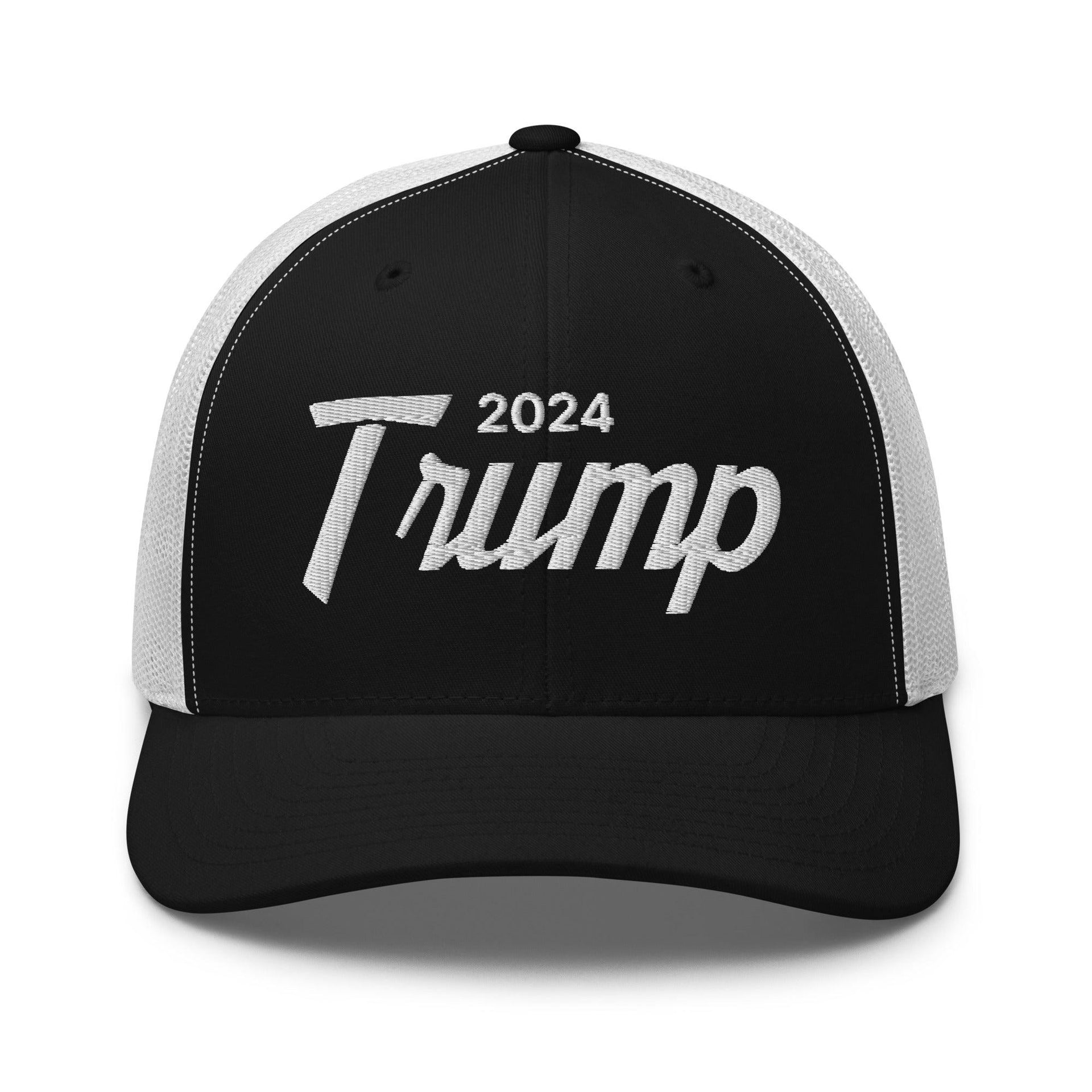 Donald Trump 2024 Vintage Sports Script Retro Trucker Hat Black White Capital Crowns Conservative LADs Trucker Hats