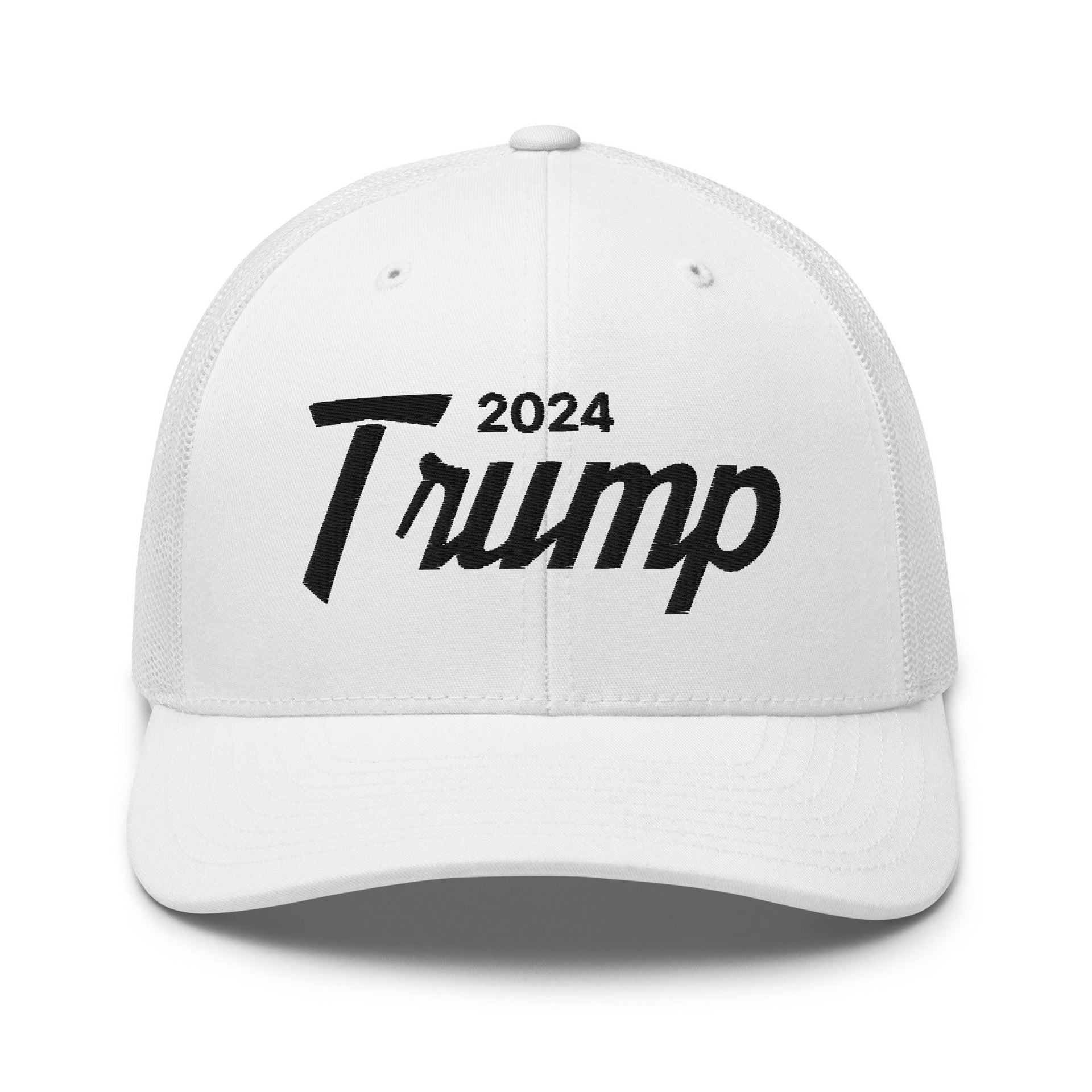 Donald Trump 2024 Vintage Sports Script Retro Trucker Hat White Capital Crowns Conservative LADs Trucker Hats