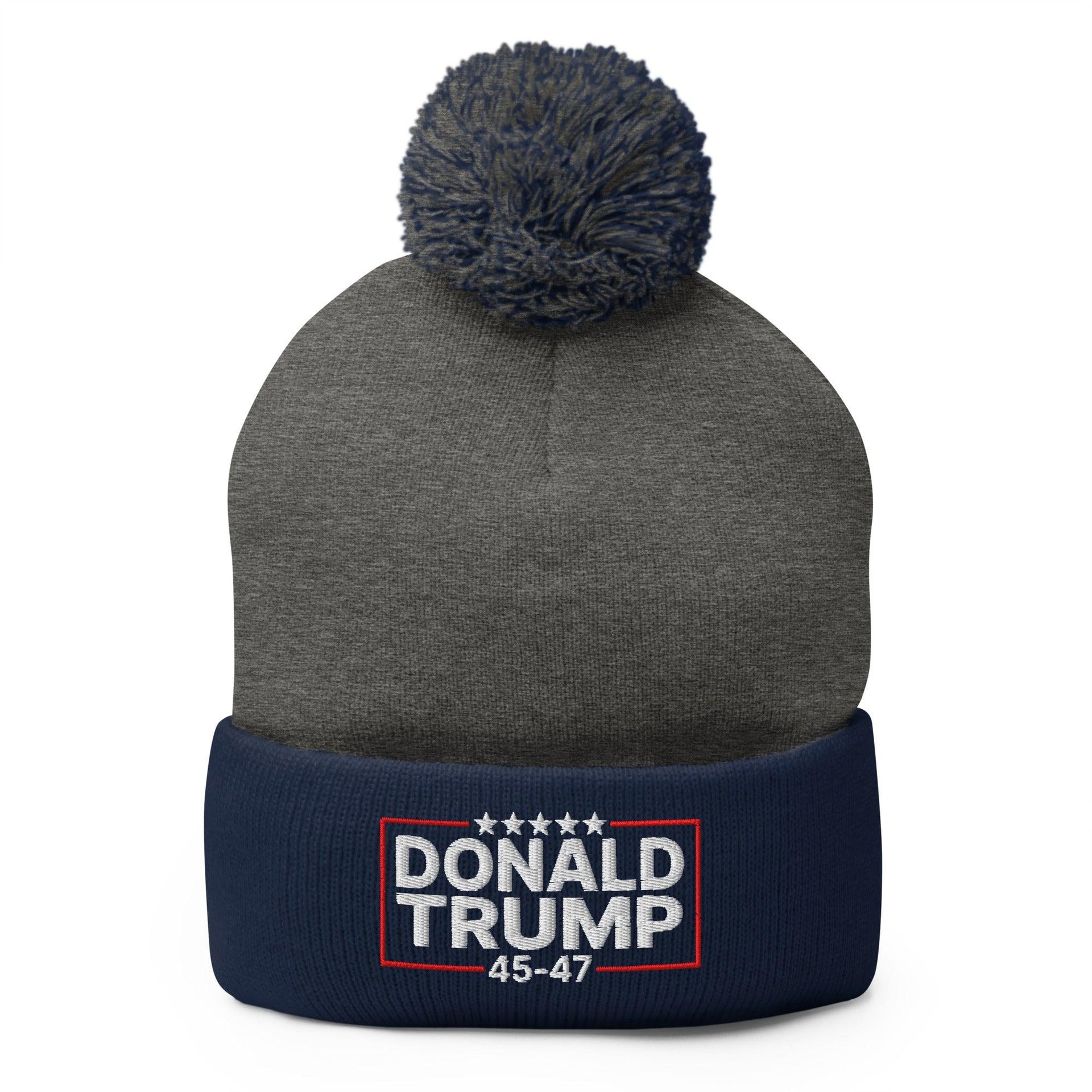 Donald Trump 45-47 Embroidered Knit Pom Pom Beanie Dark Heather Grey Navy Beanies Capital Crowns Conservative LADs
