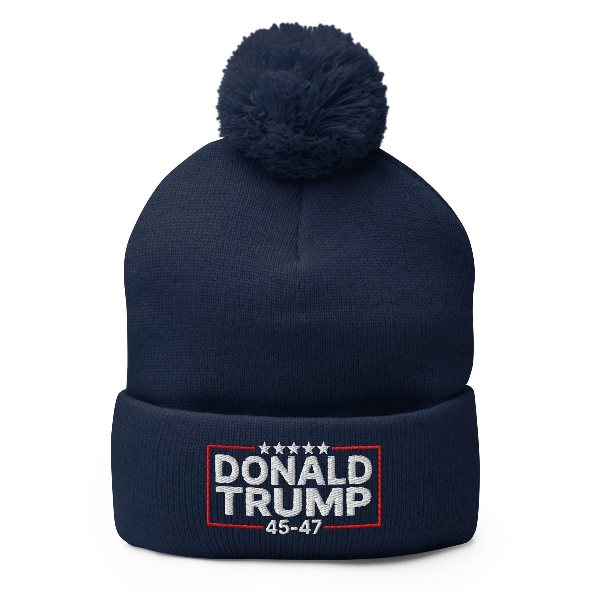 Donald Trump 45-47 Embroidered Knit Pom Pom Beanie Navy Beanies Capital Crowns Conservative LADs