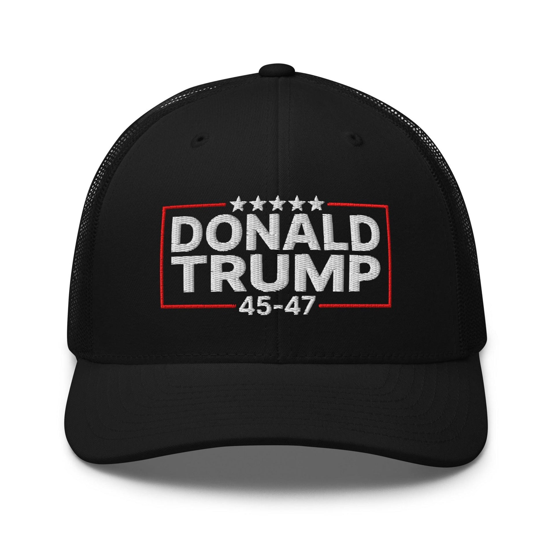 Donald Trump 45-47 Embroidered Mesh Trucker Hat Black Capital Crowns Conservative LADs Trucker Hats