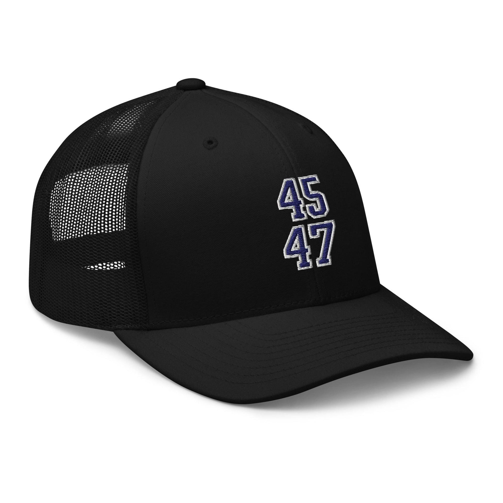 Donald Trump 45-47 Embroidered Mesh Trucker Hat Blue/White Capital Crowns Conservative LADs Trucker Hats