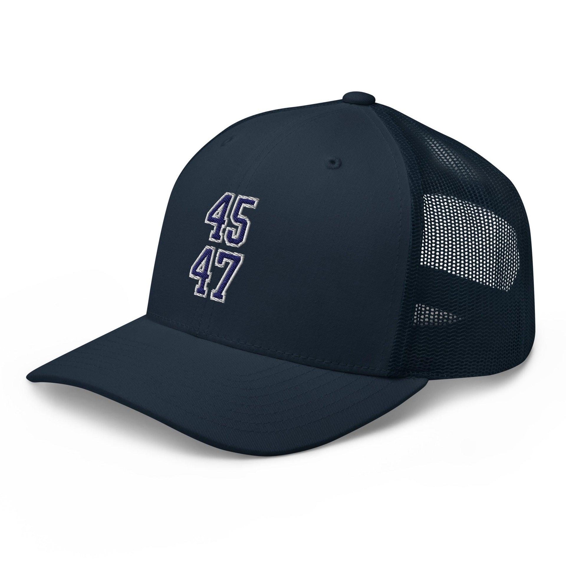 Donald Trump 45-47 Embroidered Mesh Trucker Hat Blue/White Capital Crowns Conservative LADs Trucker Hats